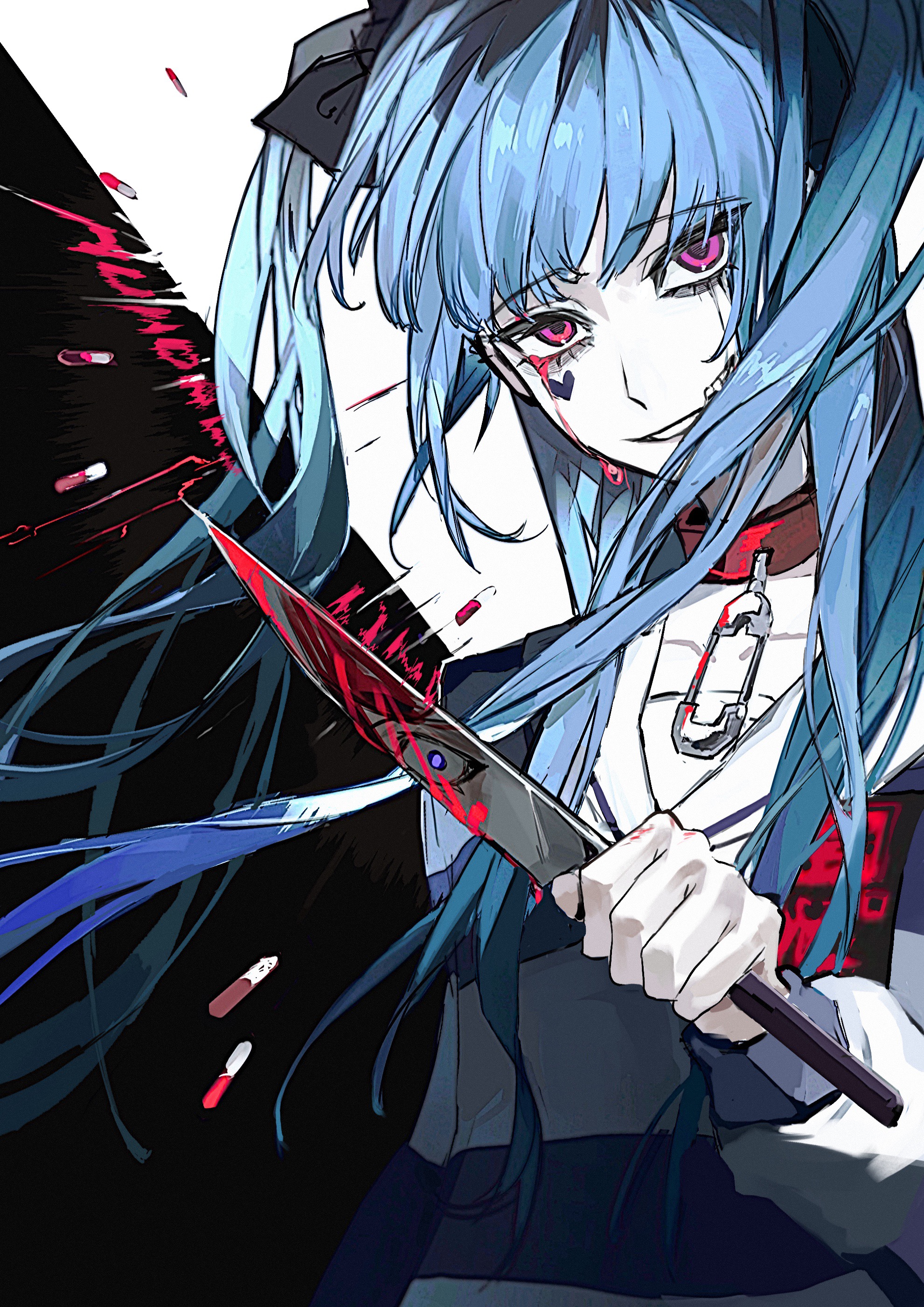 voltmeter f, amemiya darumi, sumino takumi, the hundred line -last defense academy-, absurdres, commentary, highres, revision, symbol-only commentary, 1boy, 1girl, bags under eyes, black hair, blood, bloody tears, bloody weapon, blue eyes, blue hair, choker, constricted pupils, eyelashes, holding, holding knife, knife, long hair, long sleeves, multicolored hair, pale skin, pink eyes, red choker, reflection, safety pin, sailor collar, sailor shirt, shirt, smile, solo focus, striped clothes, striped shirt, twintails, two-tone hair, upper body, weapon, white shirt