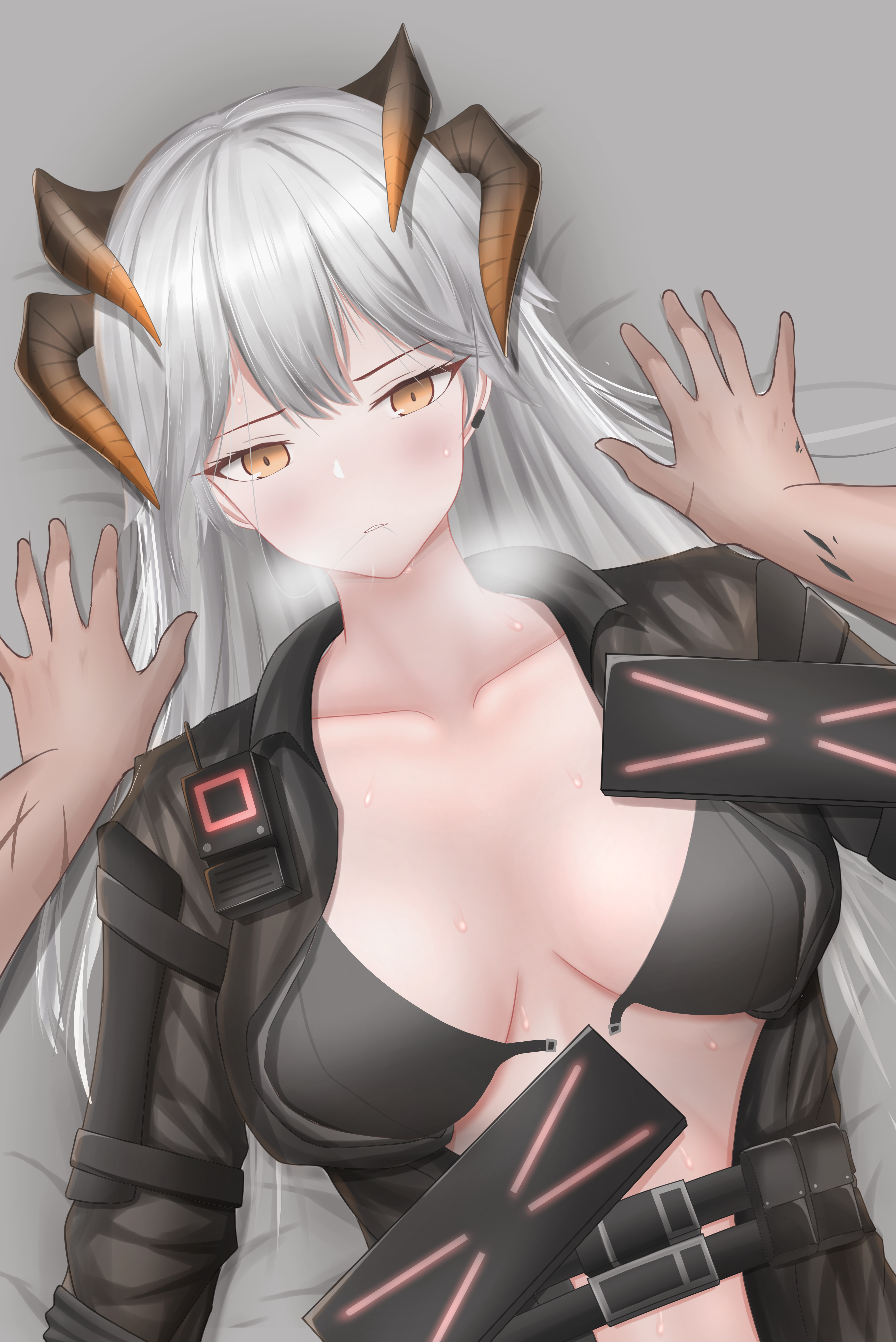 woon, saria (arknights), saria (the law) (arknights), arknights, absurdres, highres, 1girl, black bra, black jacket, blush, bra, breasts, closed mouth, collarbone, dragon horns, grey hair, horns, jacket, long hair, long sleeves, looking at viewer, lying, material growth, medium breasts, official alternate costume, on back, open clothes, open jacket, orange eyes, oripathy lesion (arknights), simple background, solo, sweat, underwear, upper body, walkie-talkie