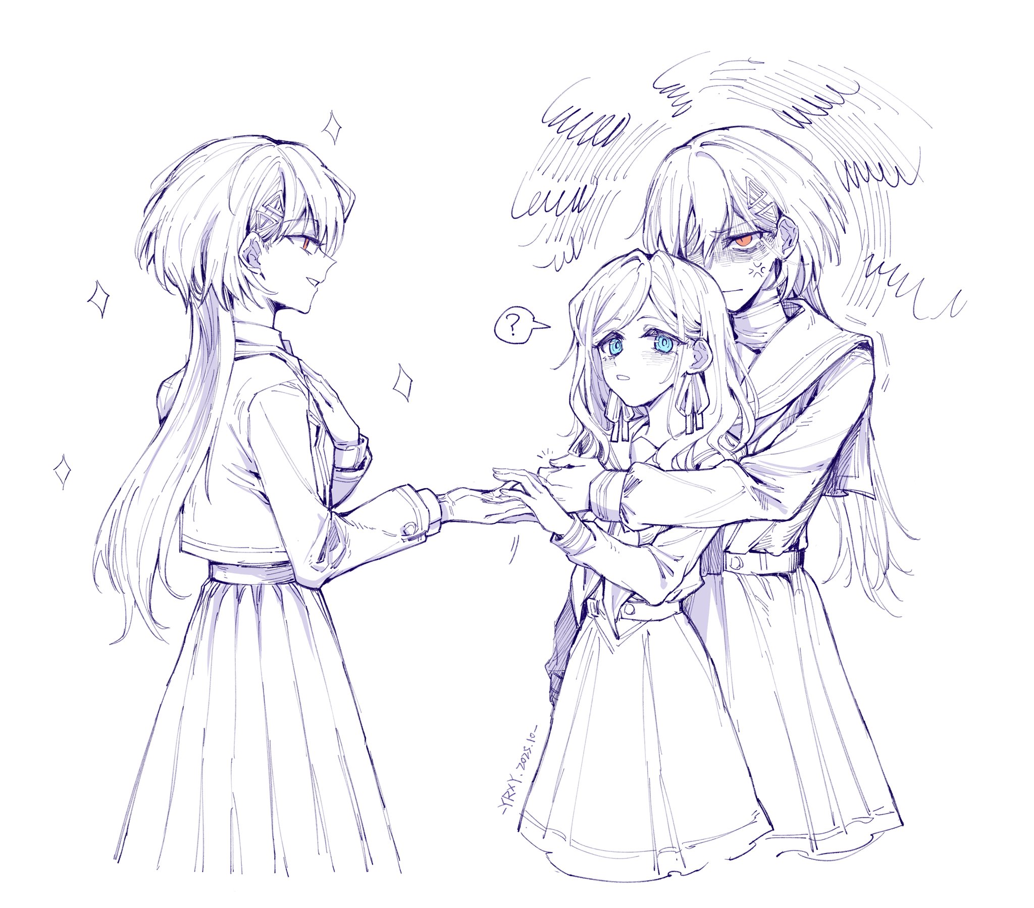 yrxy settingsun, ceras yanagida lilienfeld, katsuragi izumi, link! like! love live!, love live!, commentary, highres, symbol-only commentary, 3girls, ?, anger vein, blazer, blue eyes, dress, dual persona, edel note, glaring, hair ornament, hand on own chest, hasu no sora school uniform, jacket, jellyfish cut, long hair, long sleeves, mizukawa school uniform, multiple girls, neckerchief, orange eyes, pleated dress, pleated skirt, profile, sailor collar, sailor dress, school uniform, signature, simple background, skirt, sparkle, spoken question mark, squiggle, taking another's hand, time paradox, triangle hair ornament, virtual youtuber, white background, winter uniform