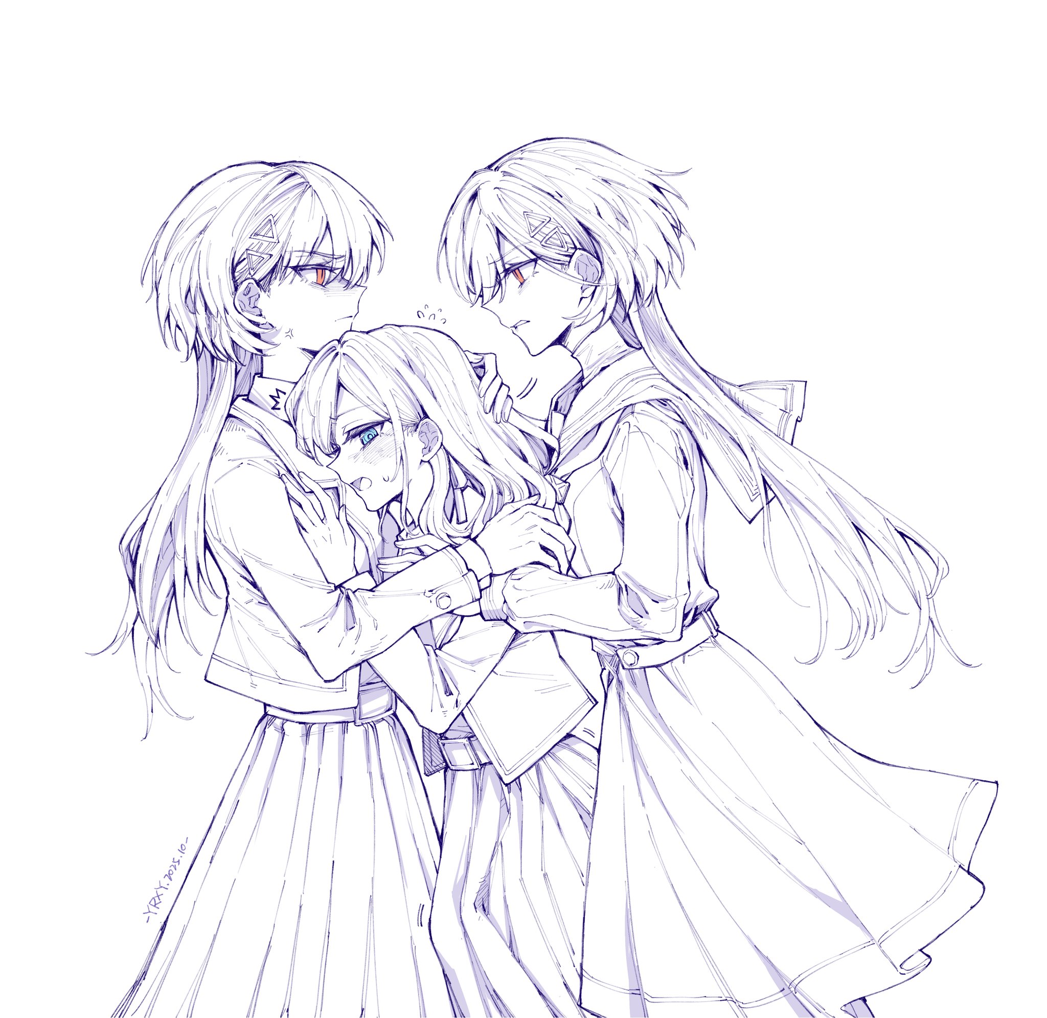 yrxy settingsun, ceras yanagida lilienfeld, katsuragi izumi, link! like! love live!, love live!, commentary, highres, symbol-only commentary, 3girls, blazer, clenched teeth, cowboy shot, dress, dual persona, edel note, flying sweatdrops, girl sandwich, glaring, hair ornament, hasu no sora school uniform, jacket, jellyfish cut, long hair, medium dress, mizukawa school uniform, multiple girls, neckerchief, open clothes, open jacket, pleated dress, pleated skirt, sailor collar, sandwiched, school uniform, signature, simple background, skirt, sweatdrop, teeth, time paradox, triangle hair ornament, virtual youtuber, white background, winter uniform