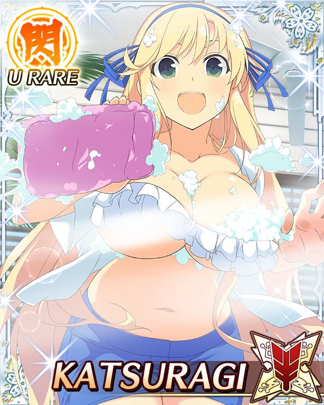 katsuragi (senran kagura), senran kagura, senran kagura new wave, game cg, official art, third-party source, 1girl, :d, against glass, against window, blonde hair, blue ribbon, border, breast press, breasts, breasts on glass, card (medium), character name, cleaning, cleaning rag, cleaning windows, cleavage, day, from outside, green eyes, hair ribbon, holding cloth, holding rag, large breasts, leaning forward, long hair, looking at viewer, navel, open mouth, ribbon, skindentation, smile, soap bubbles, solo, sun glare, teeth, upper teeth only, very long hair, window