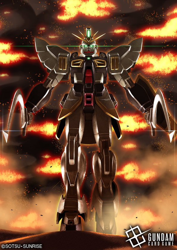 hi-go!, gundam sandrock, gundam, gundam card game, gundam wing, official art, copyright logo, copyright name, copyright notice, dual wielding, eye trail, fire, glowing, glowing eyes, green eyes, holding, holding sword, holding weapon, light trail, logo, mecha, mecha focus, mobile suit, no humans, robot, science fiction, solo, sword, v-fin, walking, weapon