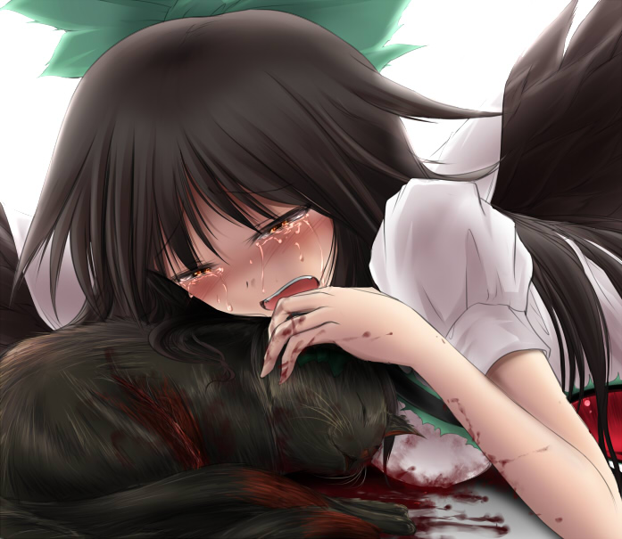 shimo (depthbomb), kaenbyou rin, kaenbyou rin (cat), reiuji utsuho, touhou, 1girl, black hair, blood, bow, cat, crying, crying with eyes open, dead animal, death, female focus, long hair, red eyes, sad, solo, tears, wings