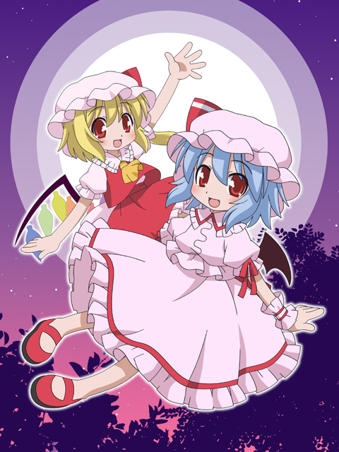 hatomugisan, flandre scarlet, remilia scarlet, touhou, 2girls, :d, anime coloring, bat wings, blonde hair, blue hair, female focus, full moon, hat, mary janes, moon, multiple girls, night, night sky, open mouth, ponytail, red eyes, shoes, short hair, siblings, side ponytail, sisters, skirt, skirt set, sky, smile, tree, waving, wings, wrist cuffs
