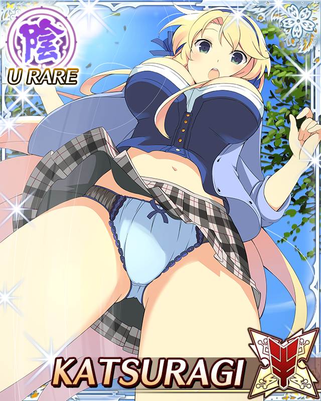 katsuragi (senran kagura), senran kagura, senran kagura new wave, game cg, official art, third-party source, 1girl, :o, black skirt, blonde hair, blue panties, blue ribbon, blue shirt, blue sky, border, breasts, card (medium), character name, cleavage, day, from below, gluteal fold, green eyes, hair ribbon, large breasts, long hair, looking at viewer, looking down, midriff peek, navel, panties, plaid clothes, plaid skirt, ribbon, shirt, skirt, sky, solo, sun, underwear, very long hair