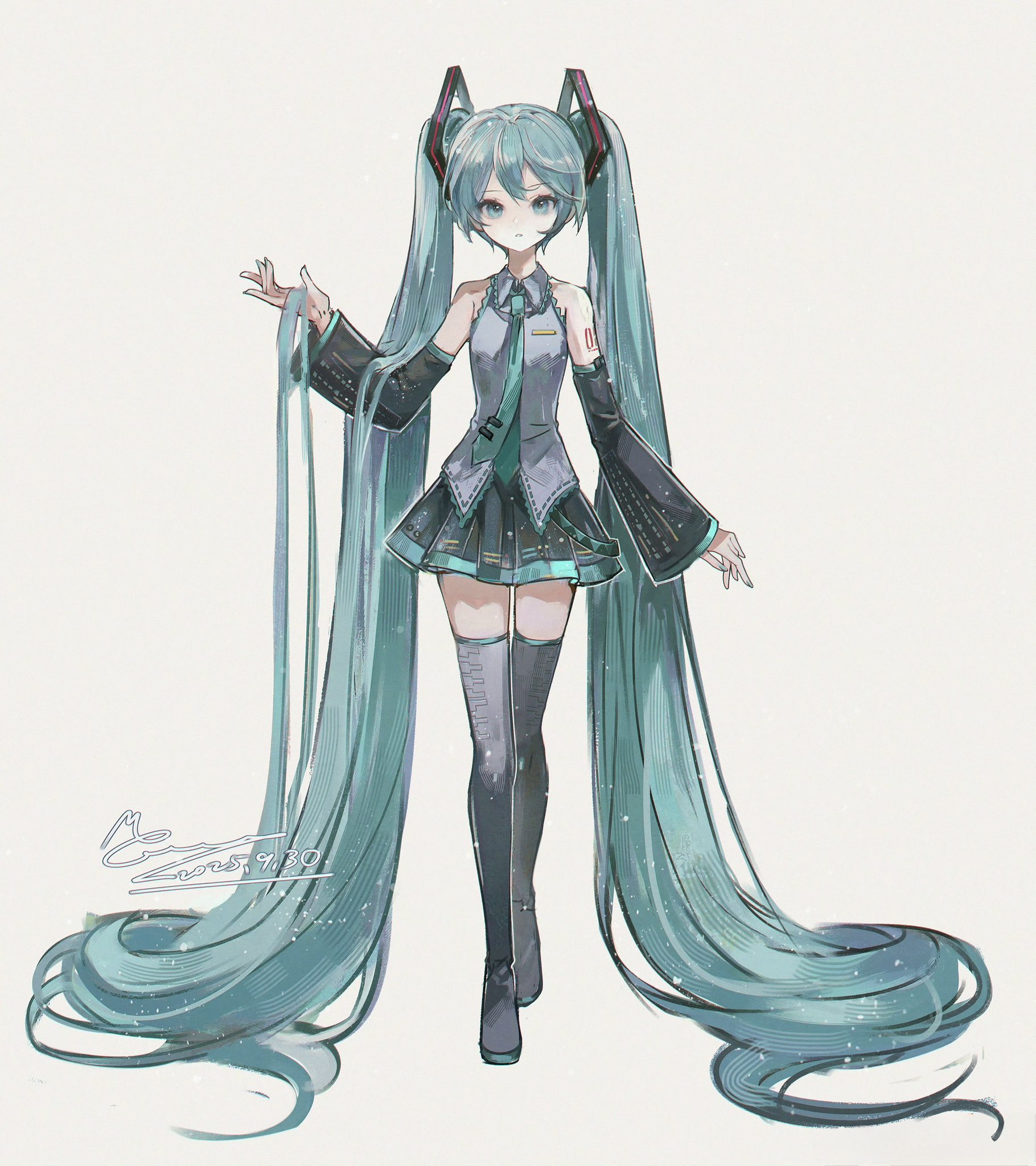 memory mie, hatsune miku, vocaloid, commentary request, highres, absurdly long hair, aqua eyes, aqua nails, aqua necktie, aqua trim, arm up, black skirt, black sleeves, black thighhighs, boots, collared shirt, dated, detached sleeves, double-parted bangs, fingernails, full body, grey hair, hair ornament, long hair, long sleeves, looking at viewer, nail polish, necktie, number tattoo, parted lips, pleated skirt, shirt, shoulder tattoo, signature, skirt, tattoo, thigh boots, thighhighs, twintails, very long hair, walking