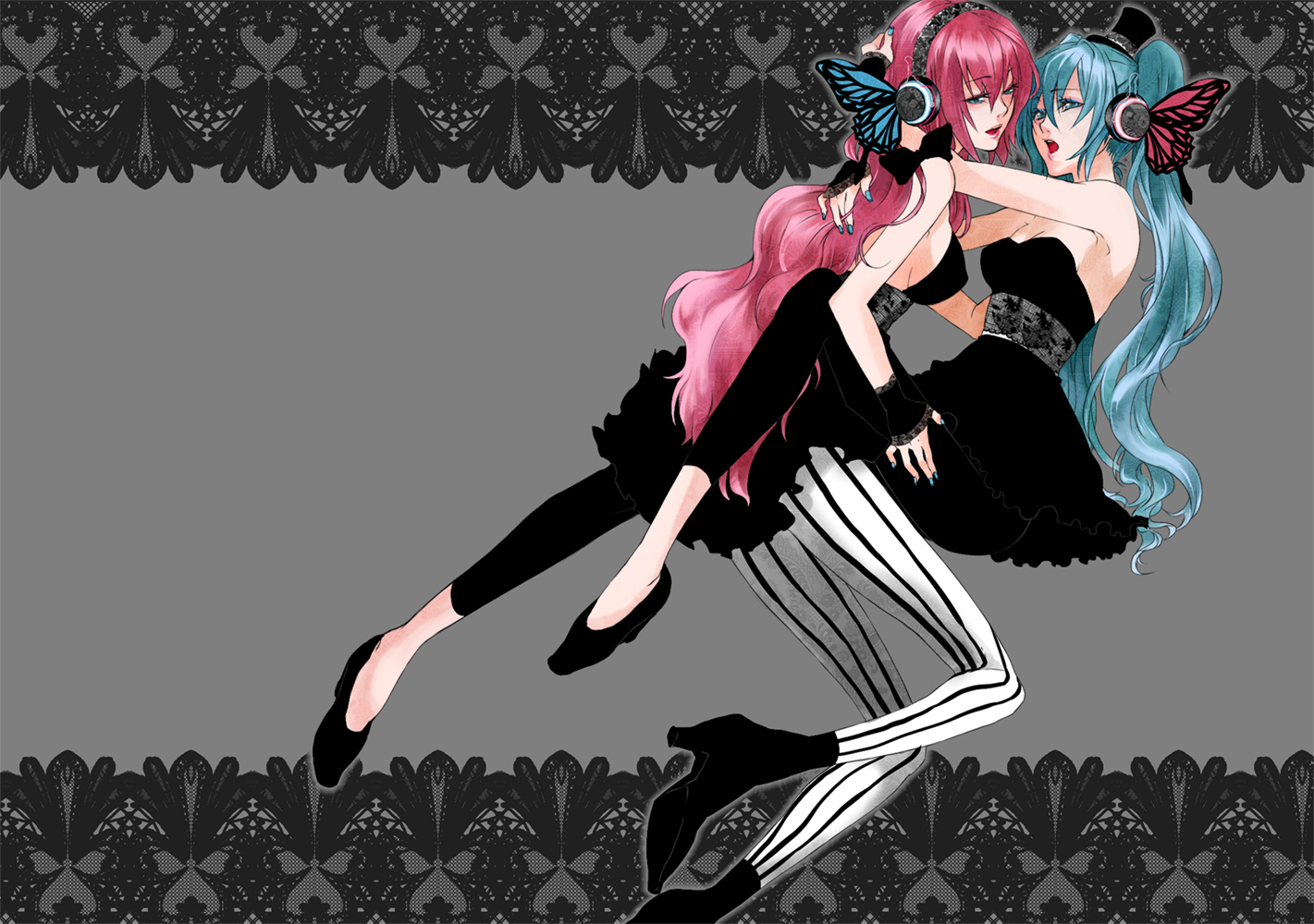 rioko, hatsune miku, megurine luka, magnet (vocaloid), vocaloid, striped legwear, vertical-striped legwear, bad id, bad pixiv id, 2girls, aqua eyes, aqua hair, aqua nails, black dress, butterfly wings, dress, fingerless gloves, gloves, hat, headphones, high heels, insect wings, legs, long hair, mini hat, mini top hat, multiple girls, nail polish, pantyhose, pink hair, shoes, spandex, striped clothes, striped pantyhose, top hat, twintails, vertical-striped clothes, vertical-striped pantyhose, wings, yuri
