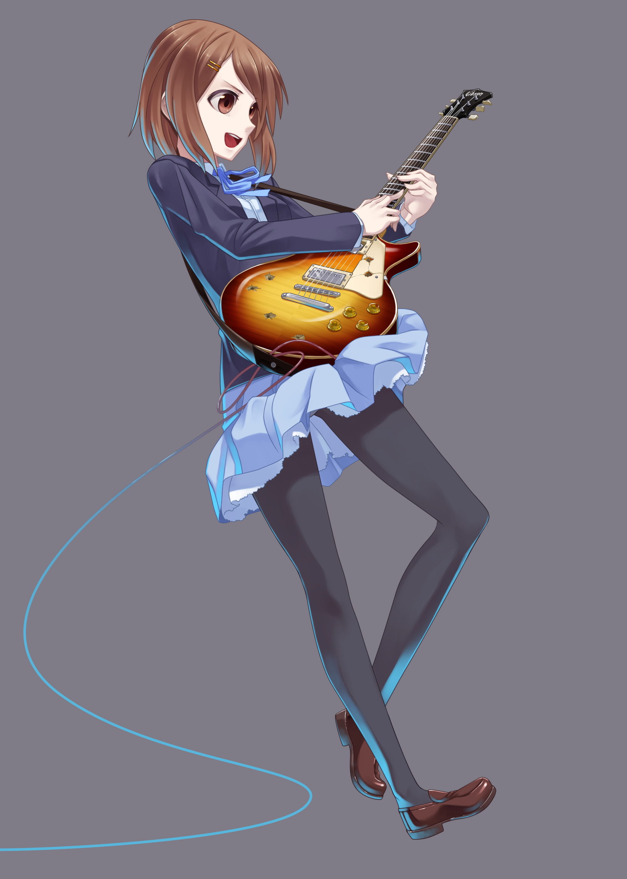 hamada youho, hirasawa yui, k-on!, absurdres, bad id, bad pixiv id, highres, 00s, 1girl, brown eyes, brown hair, bullet hole, electric guitar, female focus, gibson les paul, guitar, instrument, legs, pantyhose, school uniform, solo
