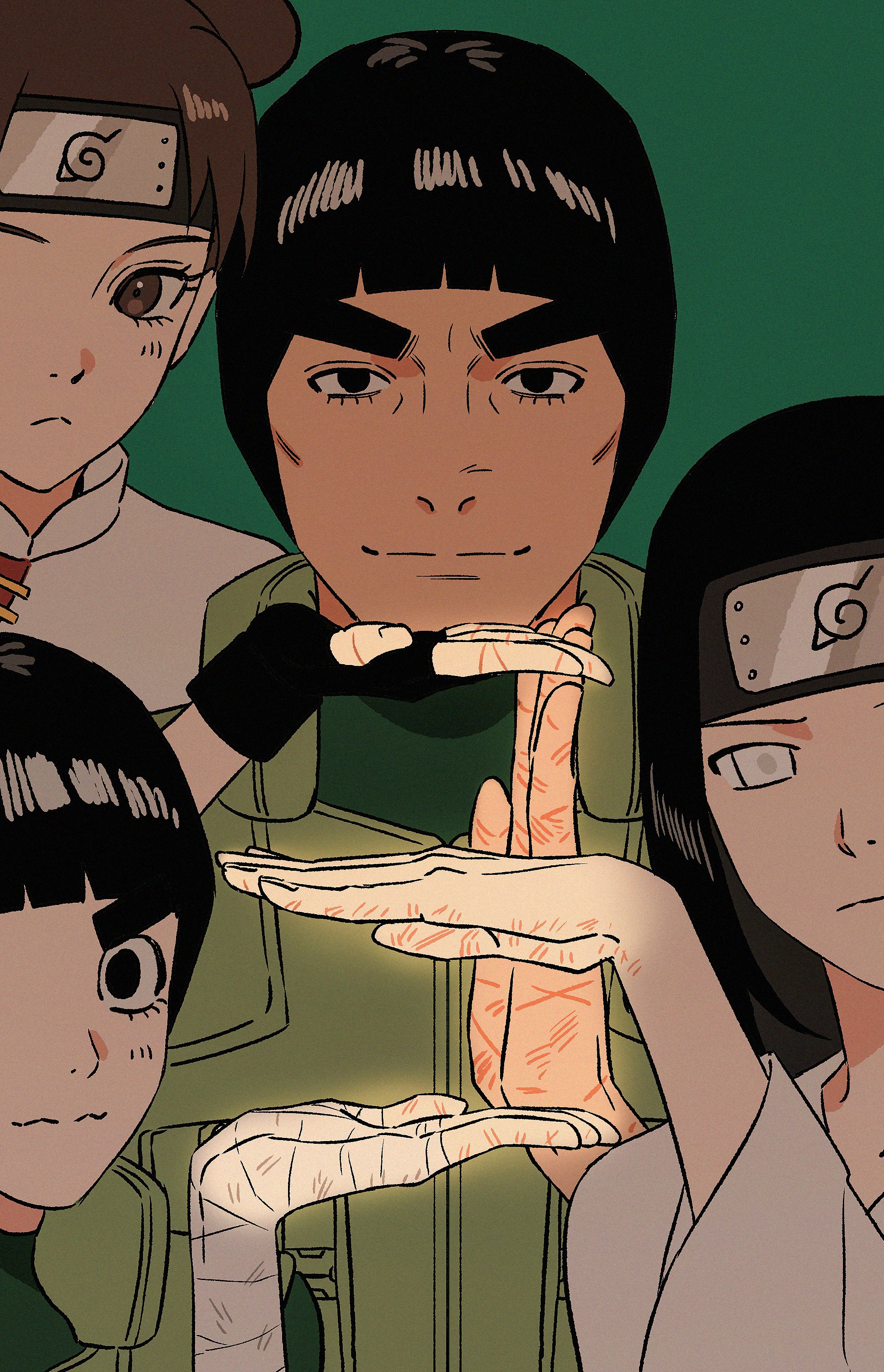 hyuuga neji, might guy, rock lee, tenten (naruto), naruto (series), absurdres, highres, 1girl, 3boys, bandaged hand, bandages, black eyes, black gloves, black hair, blunt bangs, bodysuit, bowl cut, brown eyes, brown hair, double bun, fingerless gloves, flak jacket, gloves, green background, green bodysuit, green vest, grey eyes, hair bun, jacket, konohagakure symbol, light blush, light frown, light smile, long hair, m0 mo momo, multiple boys, no pupils, parted bangs, scar, scar on hand, shirt, short hair, thick eyebrows, upper body, vest, white shirt, wide sleeves