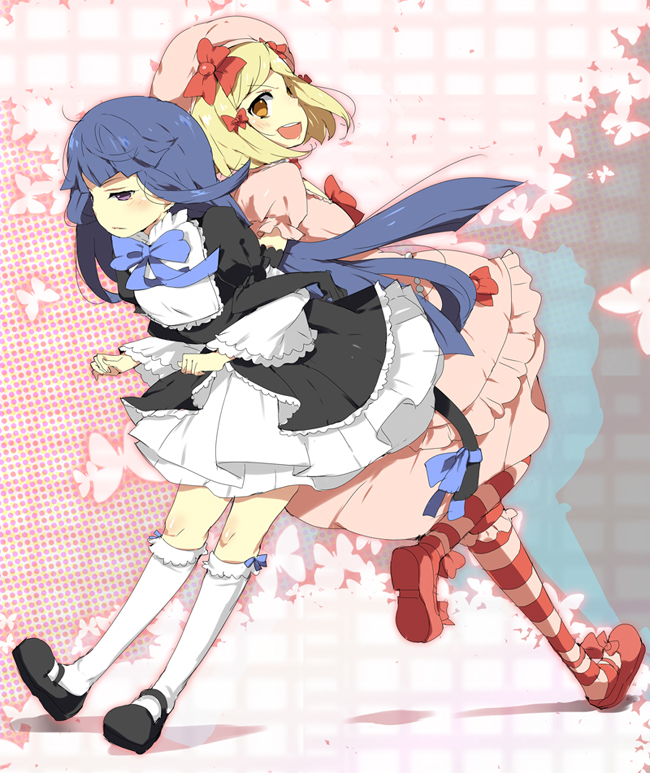 kl (dgzonbi), frederica bernkastel, lambdadelta, umineko no naku koro ni, striped, 00s, 2girls, back-to-back, beret, black dress, blonde hair, blue hair, bow, bug, butterfly, dress, elbow gloves, frills, gloves, hat, insect, kneehighs, long hair, mary janes, multiple girls, pink dress, pink hat, purple eyes, ribbon, shoes, socks, tail, yellow eyes