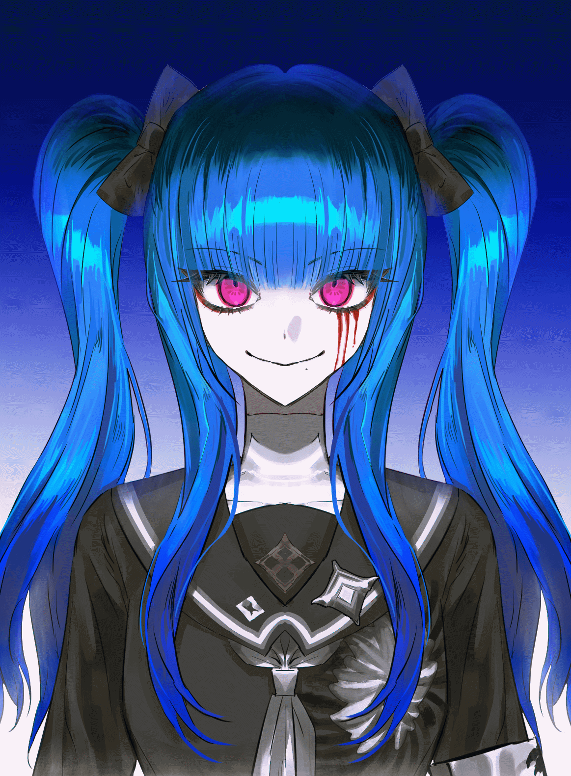 amemiya darumi, the hundred line -last defense academy-, animated, animated gif, artist request, commentary, commission, highres, second-party source, symbol-only commentary, 1girl, armband, black bow, black hair, black shirt, blinking, blue background, blue hair, bow, closed mouth, facepaint, facial mark, gradient background, hair bow, heart, heart facial mark, hole in chest, hole on body, last defense academy school uniform, long hair, looking at viewer, mark under eye, mole, mole under mouth, multicolored hair, neckerchief, pink eyes, roots (hair), sailor collar, sailor shirt, school uniform, shirt, sidelocks, smile, solo, turtleneck, twintails, two-tone hair, upper body, white armband, white neckerchief