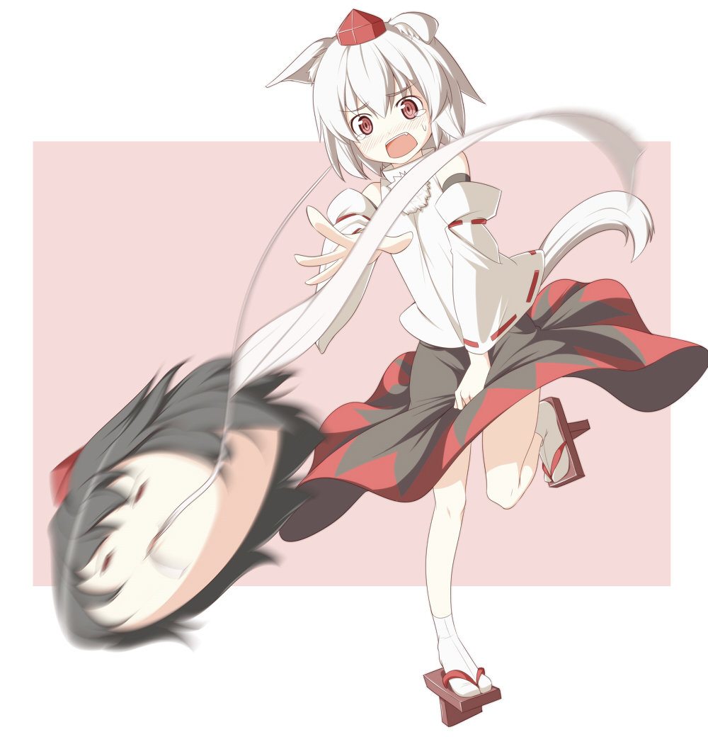 ippaiccha, yudofu, inubashiri momiji, kimeemaru, shameimaru aya, touhou, bad id, bad pixiv id, 1girl, animal ears, black hair, blush, clothes theft, detached sleeves, female focus, fundoshi, geta, hat, japanese clothes, looking at viewer, open mouth, red eyes, smile, solo, tabi, tail, tears, tengu-geta, theft, tokin hat, underwear, underwear theft, white hair, wolf ears, wolf tail, yukkuri shiteitte ne