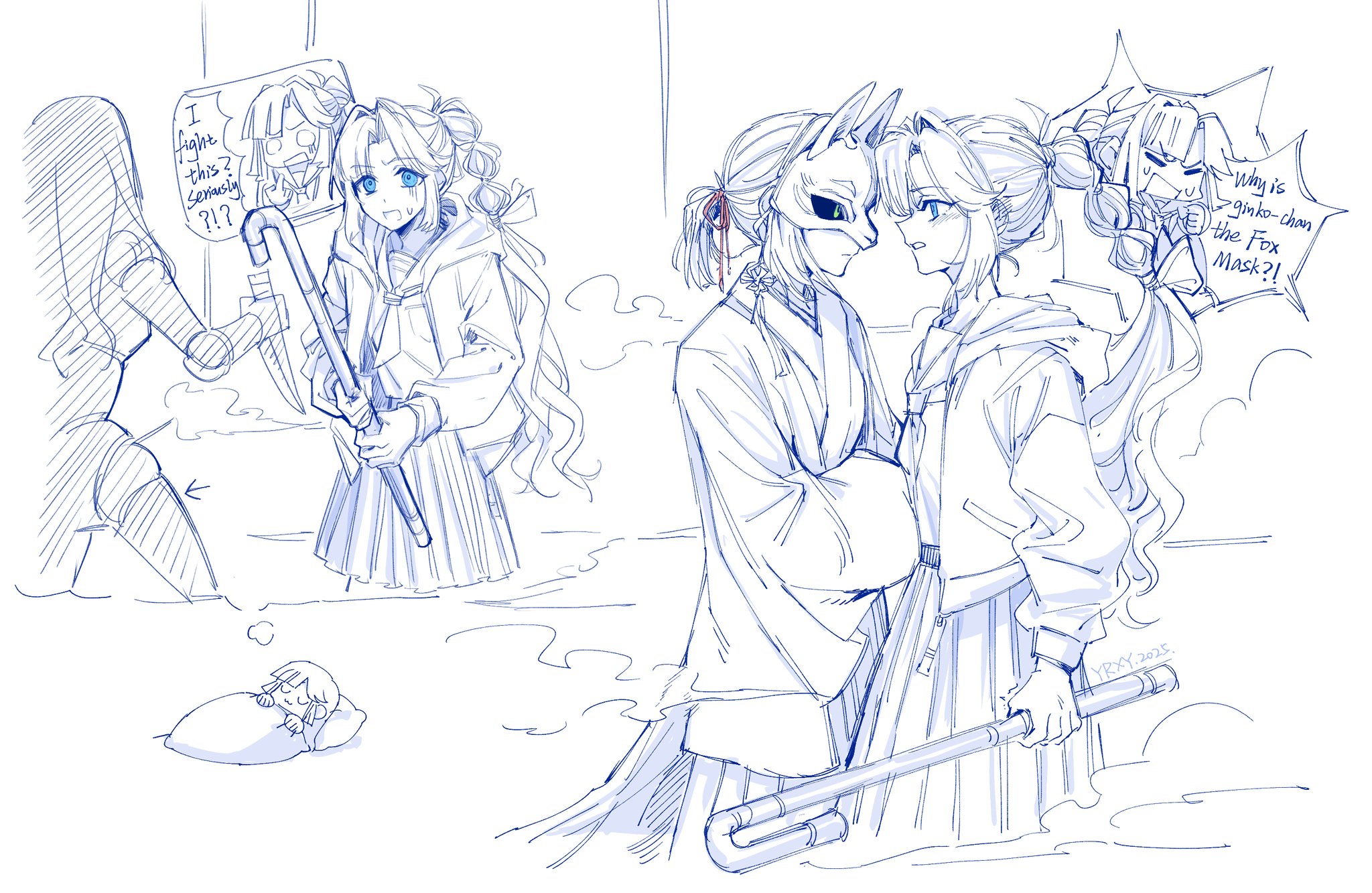 yrxy settingsun, anyoji hime, momose ginko, link! like! love live!, love live!, chinese commentary, commentary request, highres, 2girls, :3, blue eyes, blue theme, chibi, closed eyes, closed mouth, dreaming, dress, english text, eye mask, fox mask, green eyes, hair intakes, hair ribbon, hasu no sora school uniform, holding, holding lead pipe, hood, hood down, hooded jacket, jacket, japanese clothes, kimono, lead pipe, long hair, long sleeves, mask, medium dress, medium hair, monochrome, multi-tied hair, multiple girls, multiple views, neckerchief, open clothes, open jacket, open mouth, pleated dress, ponytail, profile, ribbon, sailor collar, sailor dress, school uniform, speech bubble, spot color, sweat, thought bubble, u u, virtual youtuber, winter uniform