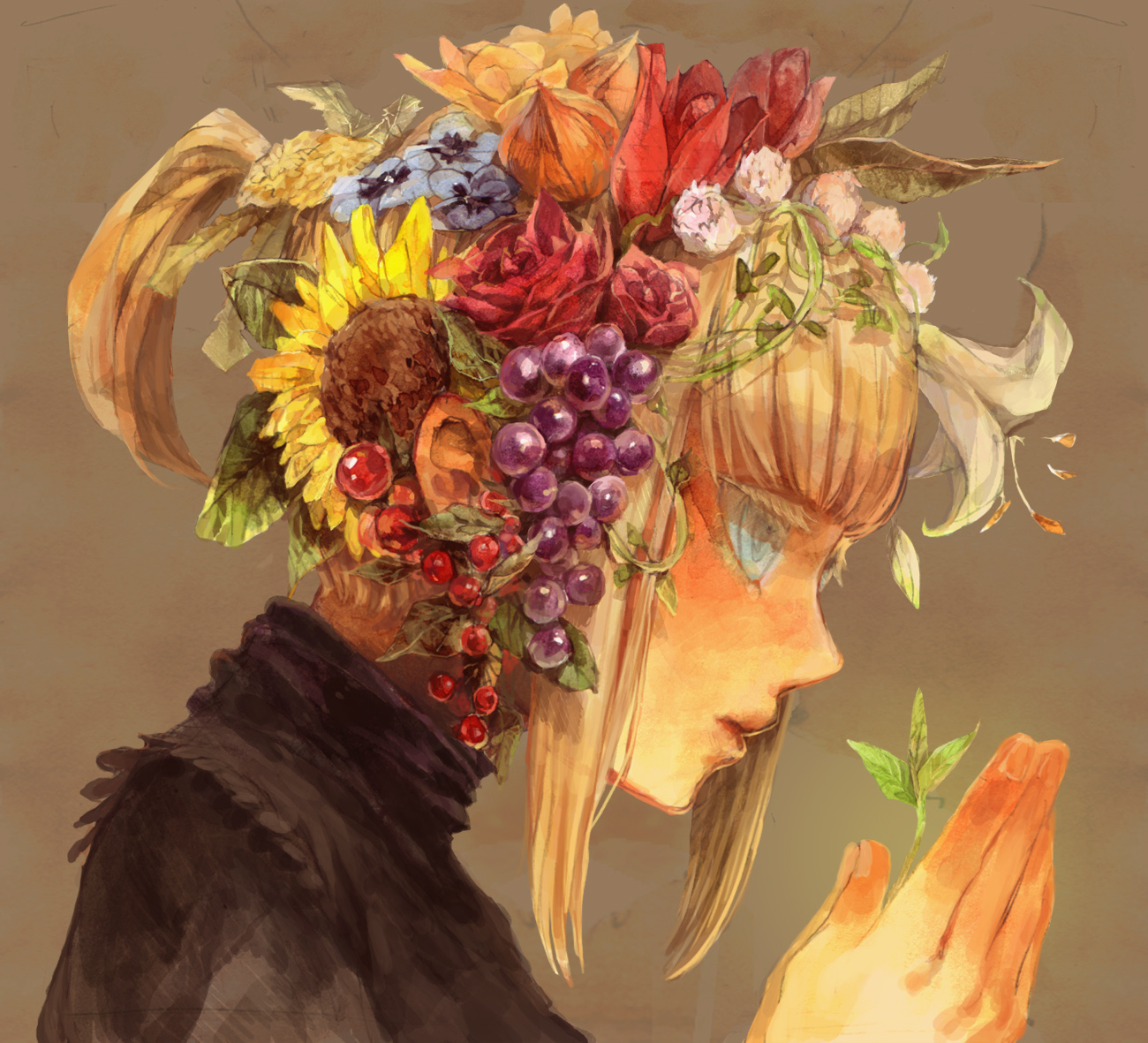 noco (adamas), original, bad id, bad pixiv id, 1girl, blonde hair, blue eyes, female focus, flower, food, fruit, head wreath, ponytail, portrait, profile, short ponytail, sidelocks, solo