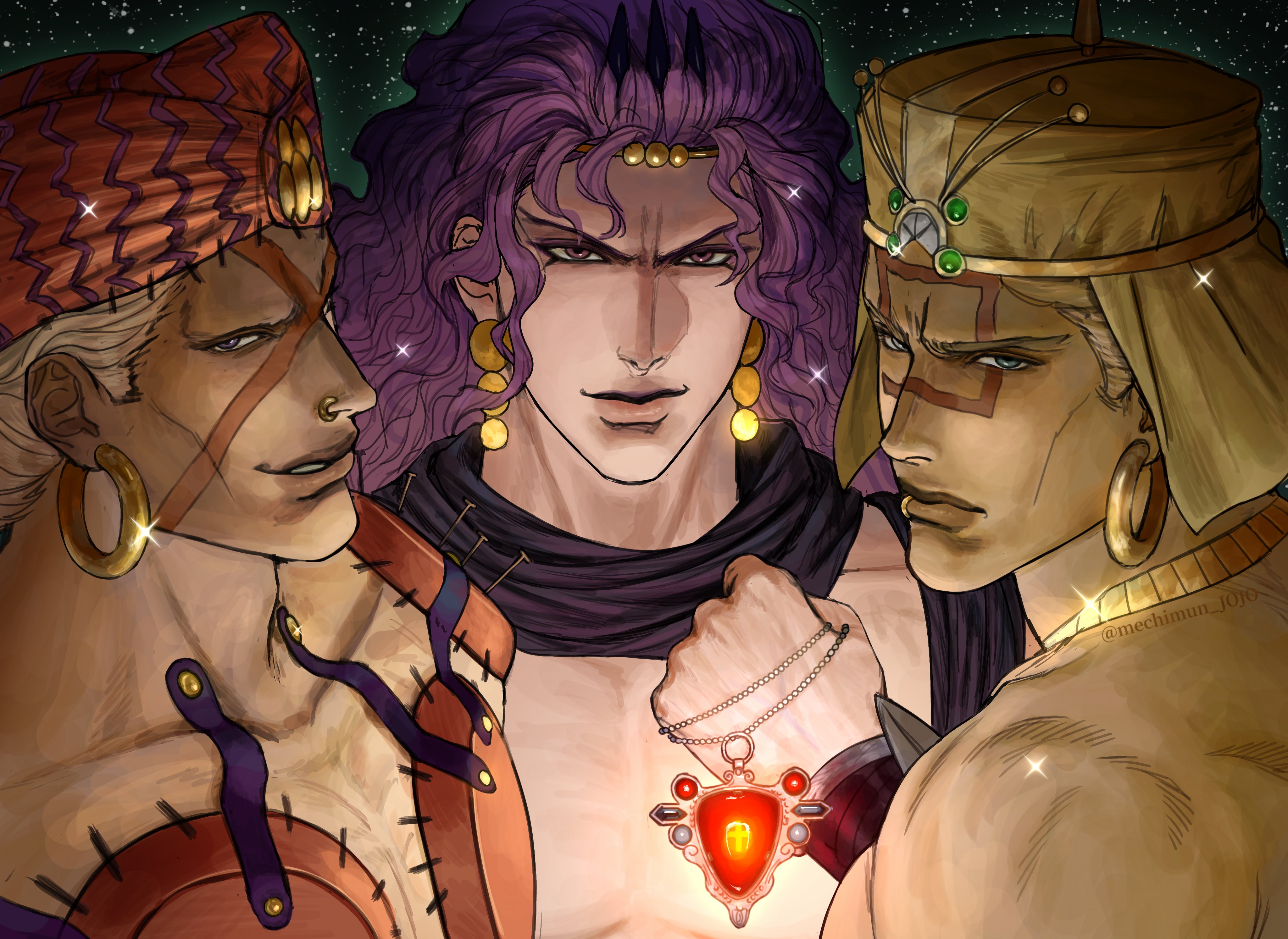mechimun jojo, esidisi, kars (jojo), wamuu, battle tendency, jojo no kimyou na bouken, absurdres, highres, 3boys, blonde hair, earrings, face piercing, facial mark, glint, green eyes, grin, hat, holding, holding jewelry, holding necklace, hoop earrings, horns, jewelry, lip piercing, lip ring, looking at viewer, looking back, multiple boys, necklace, nose piercing, nose ring, piercing, portrait, purple eyes, purple hair, red stone of aja, scarf, short hair, sky, smile, star (sky), starry sky, topless male, turban, twitter username, wrist cuffs