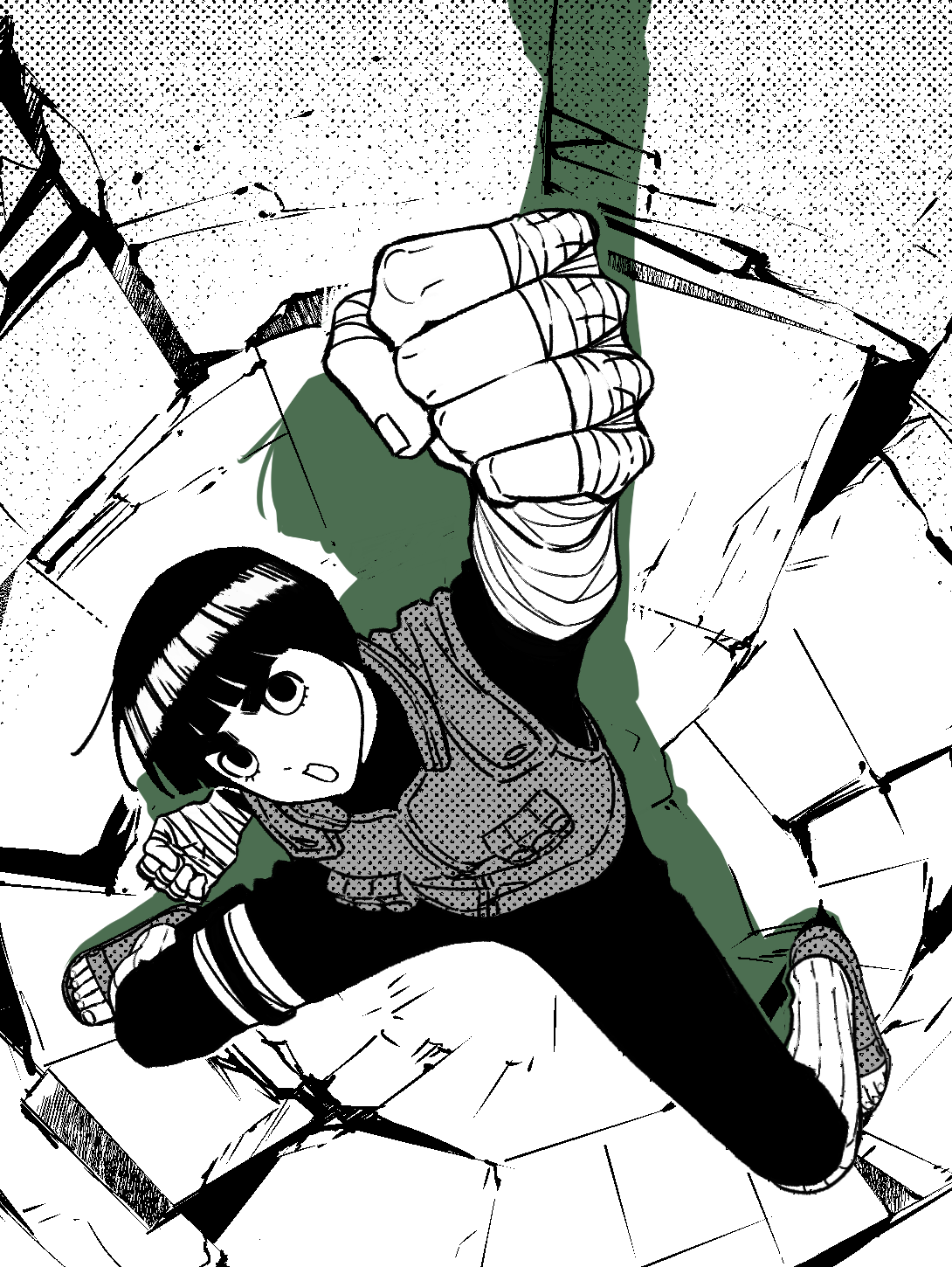 rock lee, naruto (series), highres, 1boy, bandaged arm, bandaged hand, bandaged leg, bandages, black bodysuit, black hair, blunt bangs, bodysuit, bowl cut, clenched hands, crack, cracked floor, fighting stance, flak jacket, hand up, jacket, leg warmers, m0 mo momo, male focus, open-toe shoes, open mouth, raised fist, solo, thick eyebrows