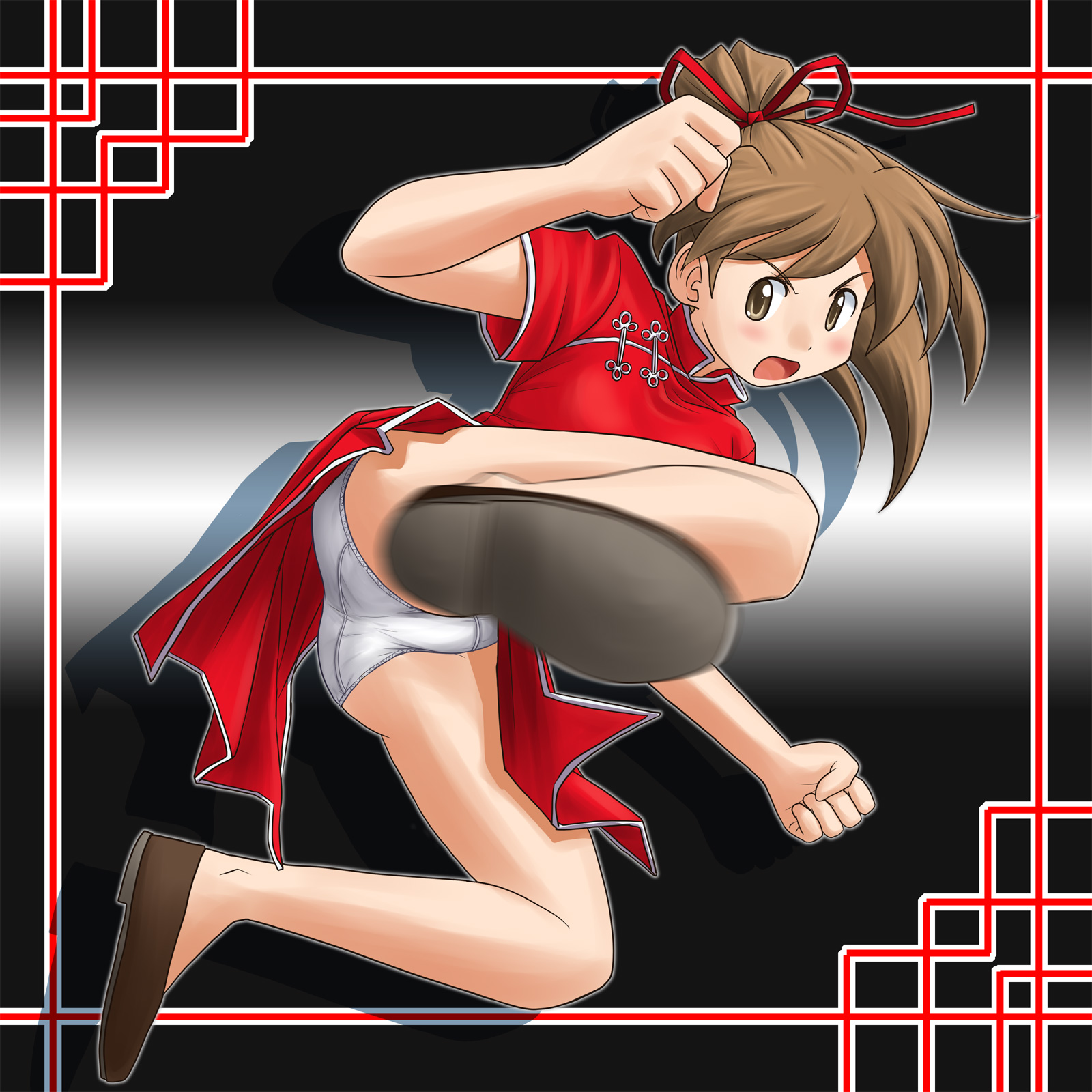 lielos, poniko (lielos), original, highres, brown eyes, brown hair, china dress, chinese clothes, dress, flying kick, hair ribbon, kicking, motion blur, panties, pantyshot, ponytail, ribbon, solo, underwear, white panties