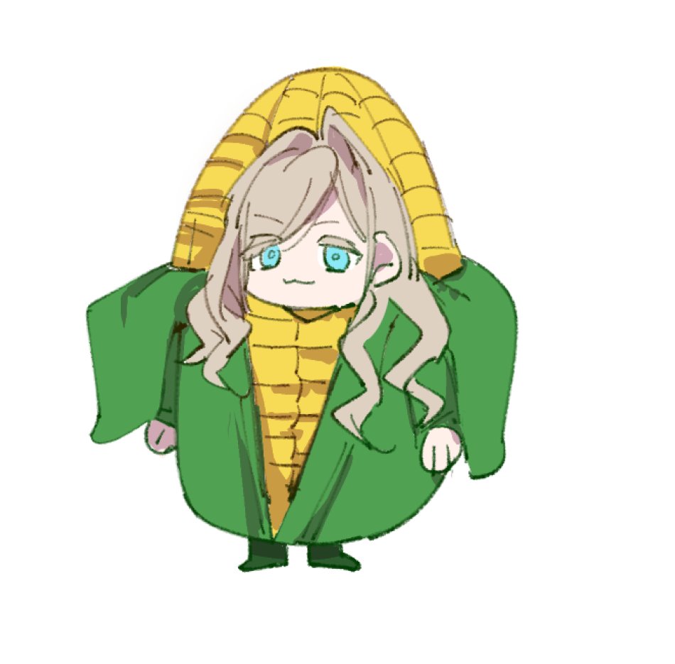 yrxy settingsun, ceras yanagida lilienfeld, link! like! love live!, love live!, commentary, symbol-only commentary, 1girl, :3, blue eyes, chibi, chibi only, closed mouth, conno-san (love live!), conno-san (love live!) (cosplay), corn, corn cob, cosplay, food costume, grey hair, long hair, looking at viewer, solo, standing, virtual youtuber
