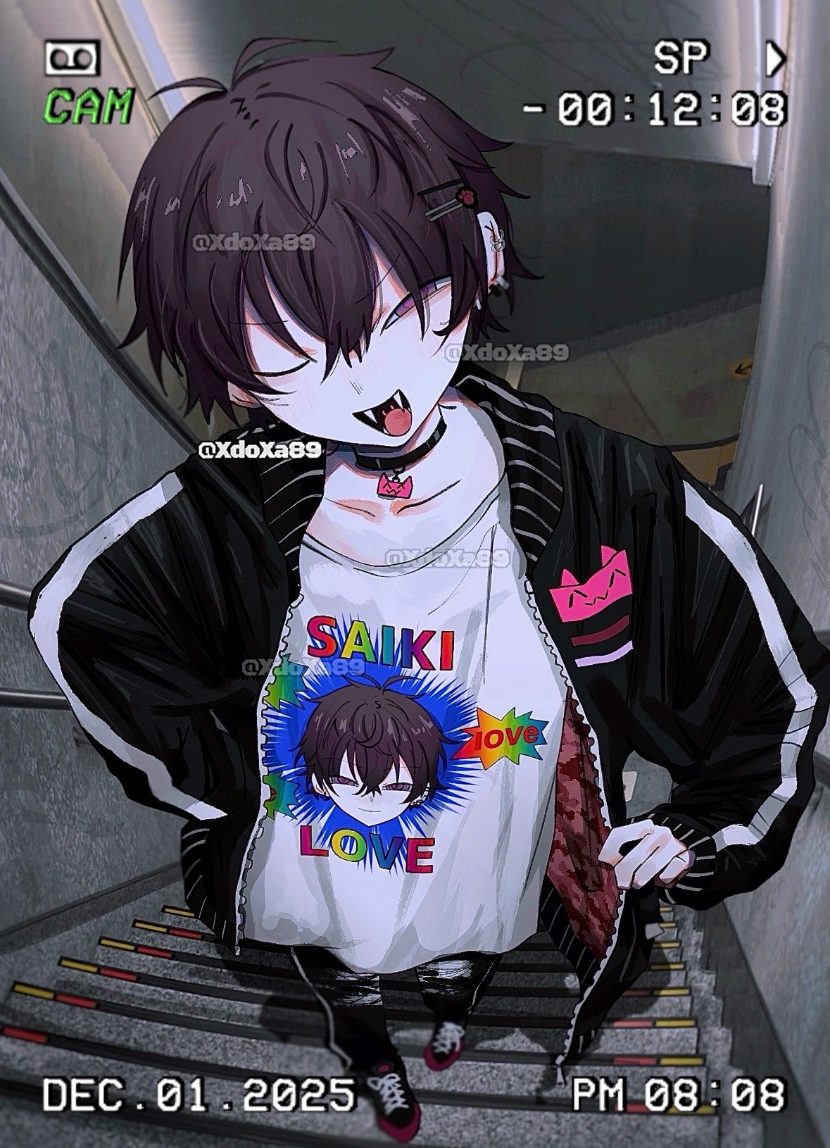 xdoxa89, saiki ittetsu, saiki ittetsu (2nd costume), nijisanji, highres, 1boy, antenna hair, black choker, black hair, black jacket, black pants, choker, dated, ear piercing, fangs, from above, full body, hair between eyes, hair ornament, hairclip, jacket, long sleeves, male focus, official alternate costume, on stairs, one eye closed, open clothes, open jacket, open mouth, pants, piercing, print shirt, purple eyes, shirt, short hair, smile, solo, stairs, stone stairs, tongue, virtual youtuber