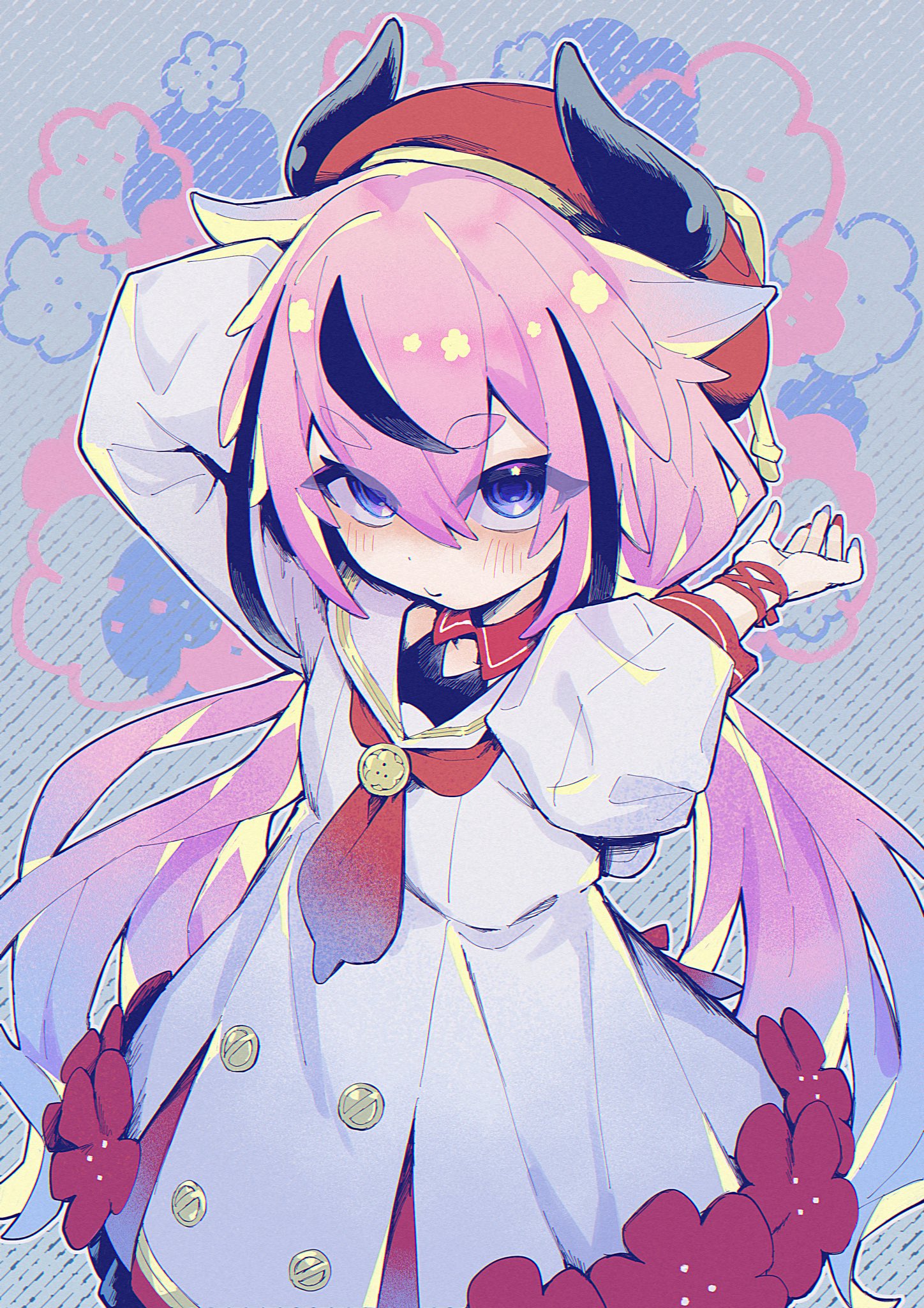 gomashimashio, meika hime, a.i. voice, gynoid talk, commentary request, highres, 1other, adjusting clothes, adjusting headwear, arms up, bare shoulders, beret, black dress, black horns, black streaks, blue background, blue eyes, blue hair, blue nails, blush, buttons, closed mouth, collar, contrast collar, diagonal-striped background, double-breasted, double-parted bangs, dress, floral background, flower, from above, gradient hair, gradient necktie, hat, headset, horned hat, horns, layered dress, long hair, looking at viewer, low twintails, multicolored hair, multicolored nails, nail polish, necktie, pink background, pink hair, plum blossoms, puffy sleeves, red collar, red hat, red nails, red necktie, red ribbon, ribbon, sailor collar, short eyebrows, sidelocks, standing, streaked hair, striped background, thick eyebrows, three-quarter sleeves, twintails, upper body, very long hair, white dress, white sailor collar, wrist ribbon
