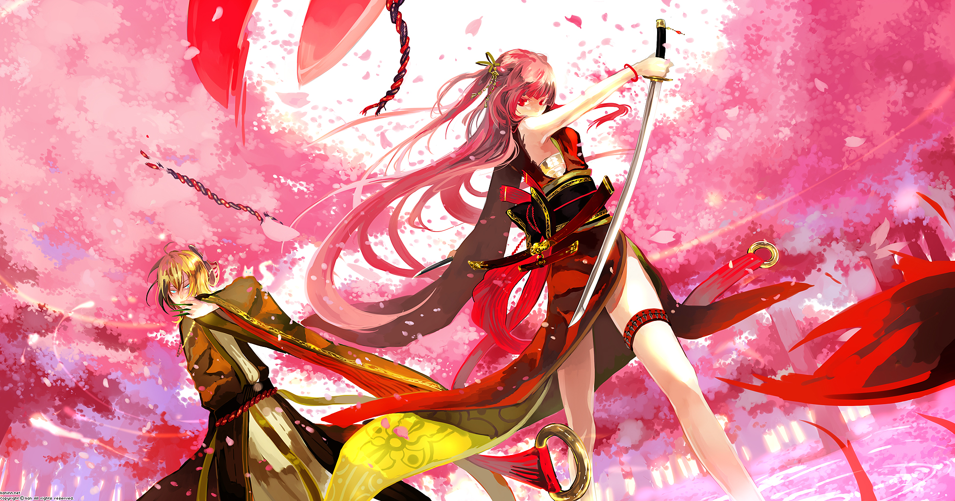 kaninn, original, bad id, bad pixiv id, commentary request, highres, translation request, armpits, back, blonde hair, flower, from behind, garter belt, japanese clothes, katana, kunai, long hair, petals, pink hair, red eyes, side slit, sword, very long hair, weapon