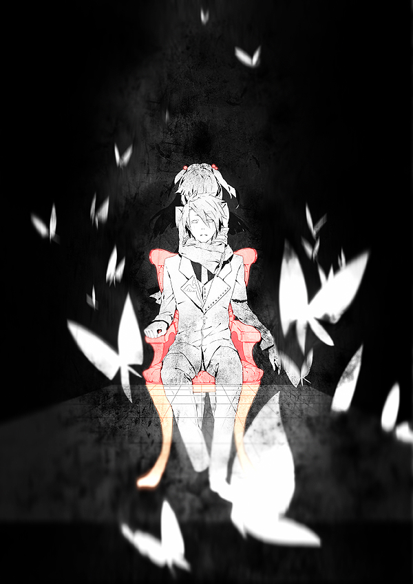 kaninn, ushiromiya ange, ushiromiya battler, umineko no naku koro ni, bad id, bad pixiv id, commentary, 00s, 1boy, 1girl, brother and sister, bug, butterfly, chair, formal clothes, hair bobbles, hair ornament, hetero, hug, insect, monochrome, siblings, sitting, spot color, suit, twintails