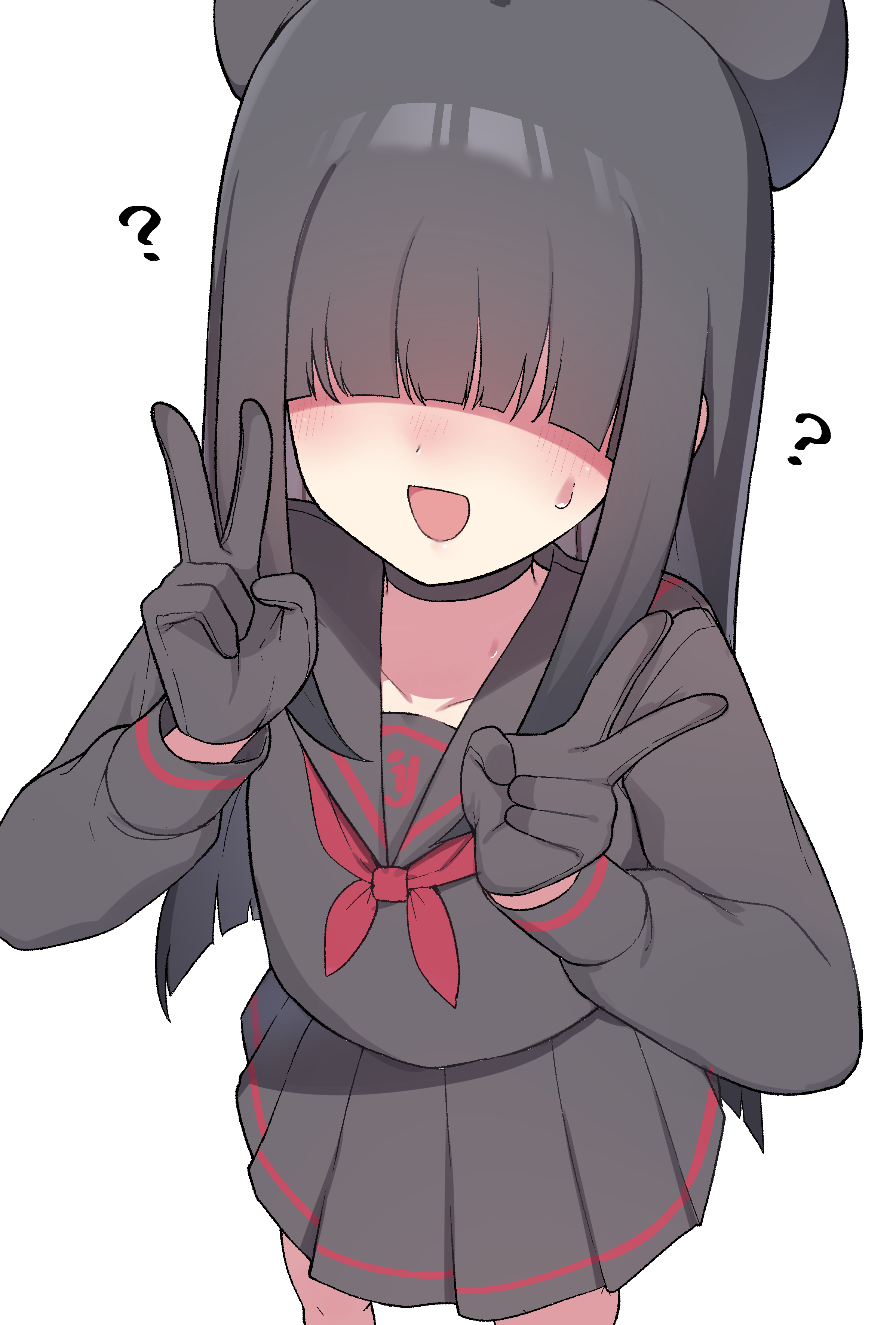 paingumi, justice task force member (blue archive), blue archive, absurdres, commentary request, highres, 1girl, :d, ?, beret, black choker, black gloves, black hair, black hat, black sailor collar, black serafuku, black shirt, black skirt, blush, choker, collarbone, double v, faceless, faceless female, facing viewer, gloves, hair over eyes, hands up, hat, long sleeves, neckerchief, open mouth, pleated skirt, puffy long sleeves, puffy sleeves, red neckerchief, sailor collar, school uniform, serafuku, shirt, simple background, skirt, smile, solo, standing, v, white background