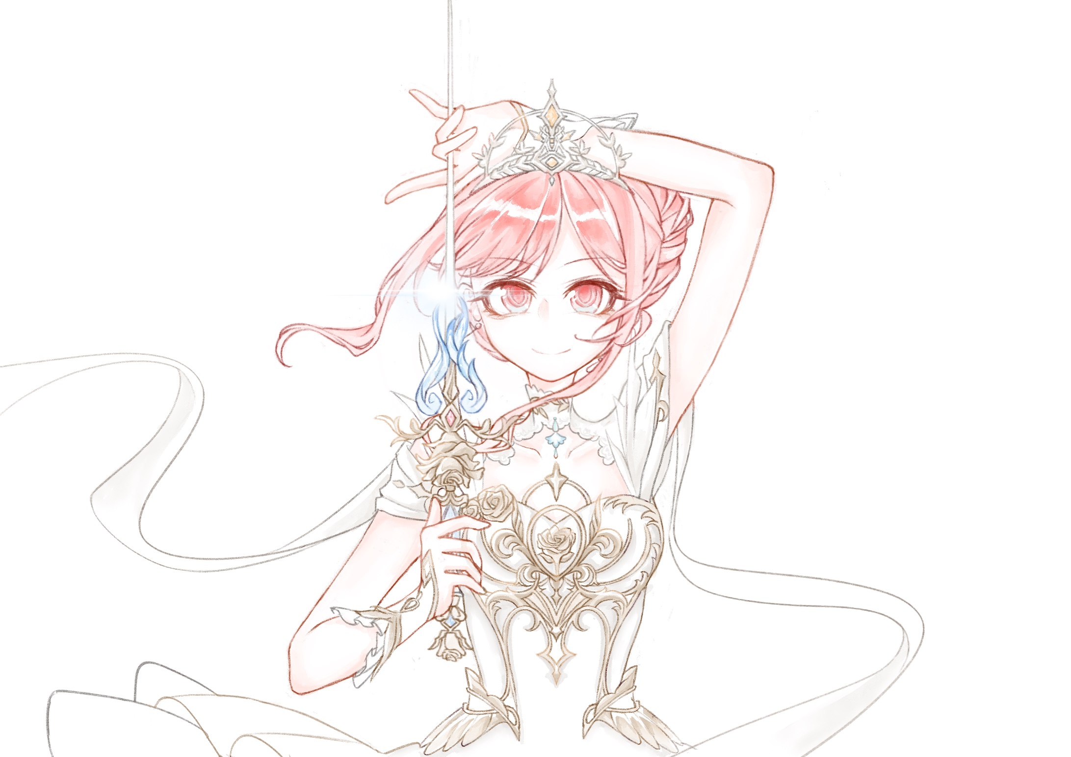 nikki (nikki), infinity nikki, nikki (series), chinese commentary, commentary request, highres, 1girl, arm on own head, armor, bare shoulders, breastplate, closed mouth, clothing cutout, collar, collarbone, cowboy shot, detached collar, dress, eyelashes, floating clothes, floating hair, frilled dress, frills, glint, hair bun, happy, high collar, holding, holding sword, holding weapon, lace collar, looking at viewer, melody bloom (infinity nikki), pink eyes, pink hair, rapier, ren81329, short hair with long locks, short sleeves, shoulder cutout, sidelocks, simple background, single hair bun, smile, solo, standing, sword, updo, weapon, white background, white collar, white dress, wind