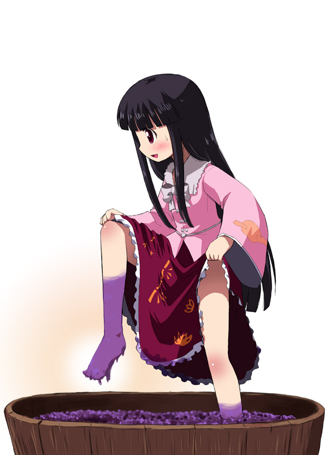 joey hanma, houraisan kaguya, touhou, 1girl, barefoot, black hair, feet, female focus, food, fruit, grape stomping, grapes, lifting own clothes, long hair, red eyes, simple background, skirt hold, solo, standing, white background