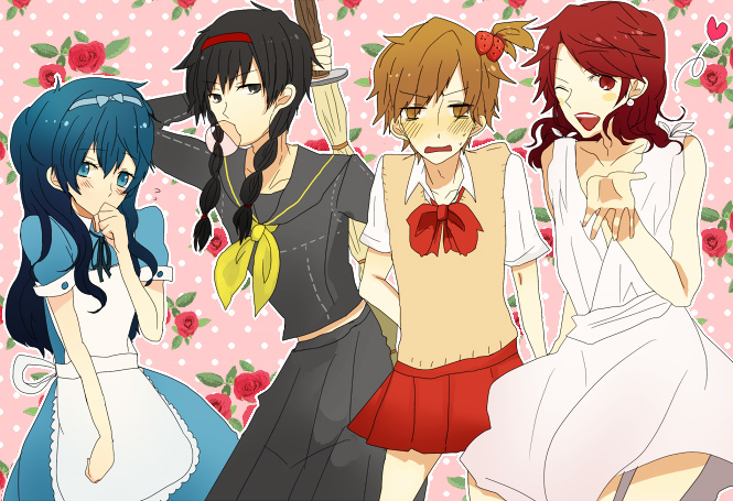 shigure wasa, ws (pixiv), amagi yukiko, kujikawa rise, satonaka chie, shirogane naoto, atlus, persona, persona 4, bad id, bad pixiv id, 4girls, black hair, blue hair, brown hair, delinquent, long hair, multiple girls, red hair, school uniform, shinai, short hair, skirt, sukeban, sword, weapon