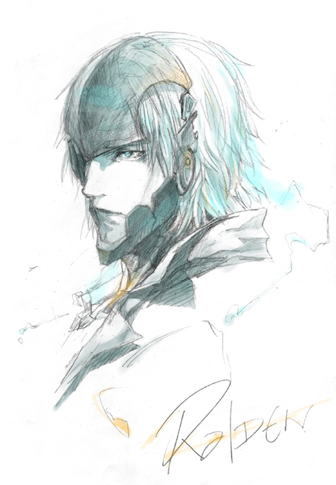 noco (adamas), raiden (metal gear), metal gear (series), metal gear solid 4: guns of the patriots, bad id, bad pixiv id, 1boy, character name, cyborg, male focus, portrait, short hair, sketch, solo