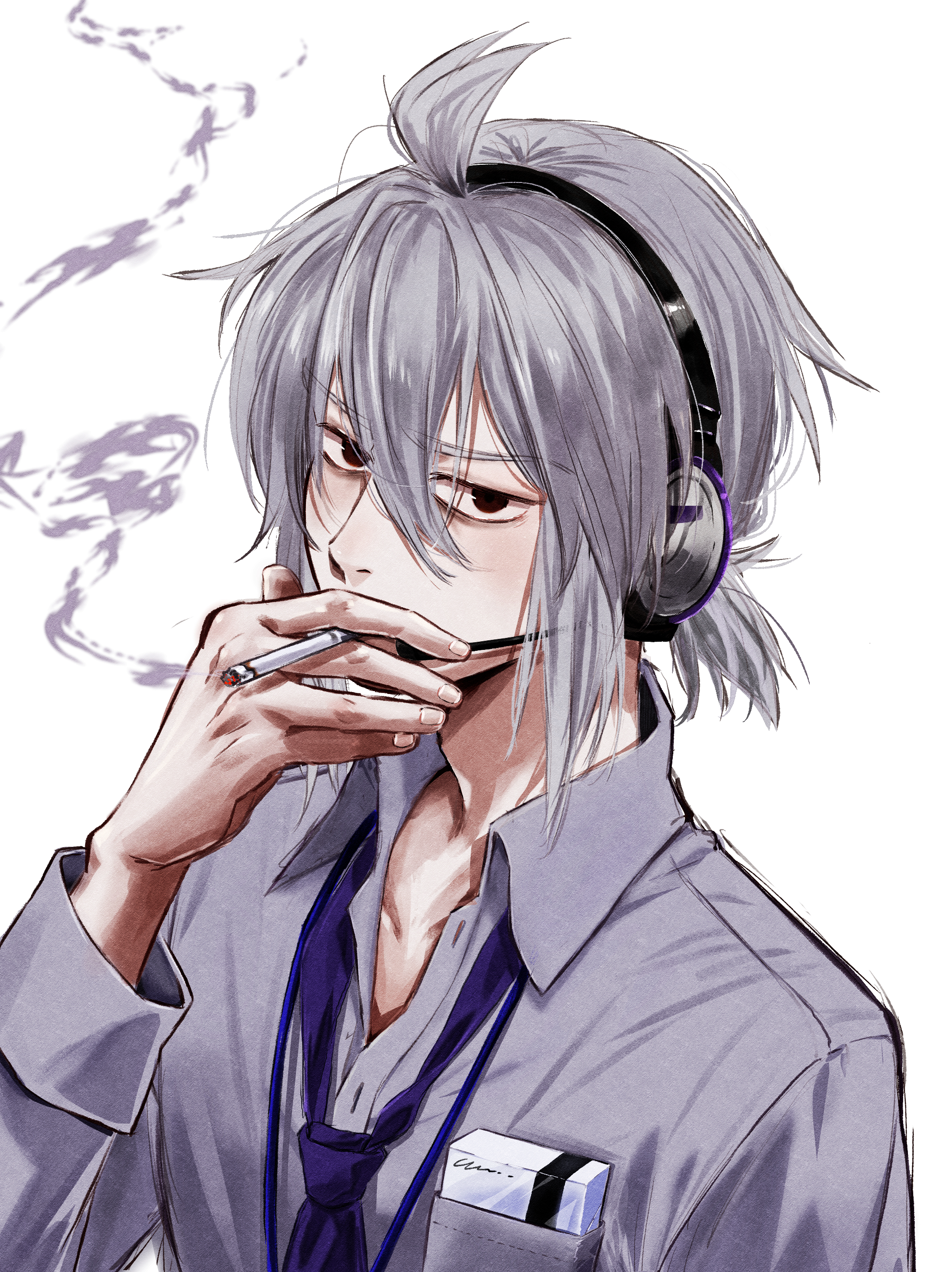 honne dell, vocaloid, absurdres, commentary request, highres, 1boy, ahoge, breast pocket, cigarette, cigarette pack, collared shirt, grey hair, headphones, headset, holding, holding cigarette, looking at viewer, male focus, necktie, pocket, ponytail, red eyes, shirt, short ponytail, shukkonsou, smoke, smoking, solo