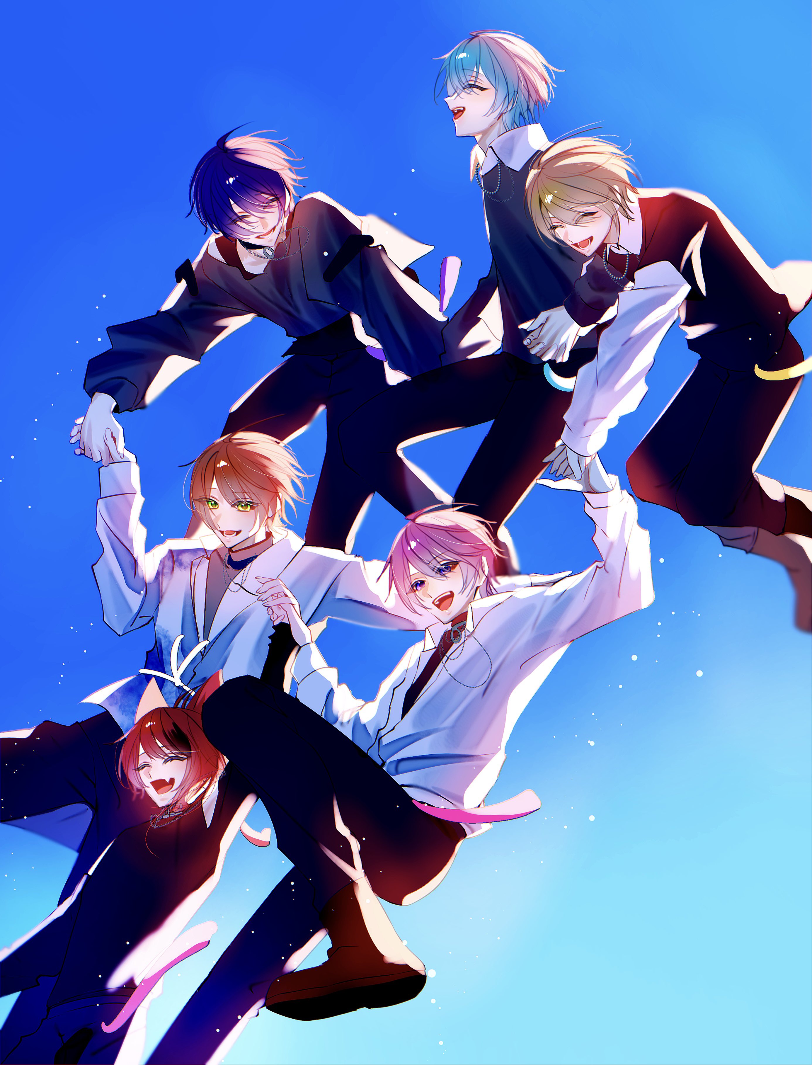 bimigohan16, colon (stpri), jel (stpri), nanamori (stpri), rinu (stpri), root (stpri), satomi (stpri), strawberry prince, absurdres, highres, 6+boys, animal ears, black pants, black shirt, blonde hair, blue hair, closed eyes, floating, green eyes, hair between eyes, holding hands, light particles, long sleeves, male focus, multiple boys, open mouth, orange hair, pants, pink hair, purple eyes, purple hair, red hair, shirt, short hair, smile, white shirt