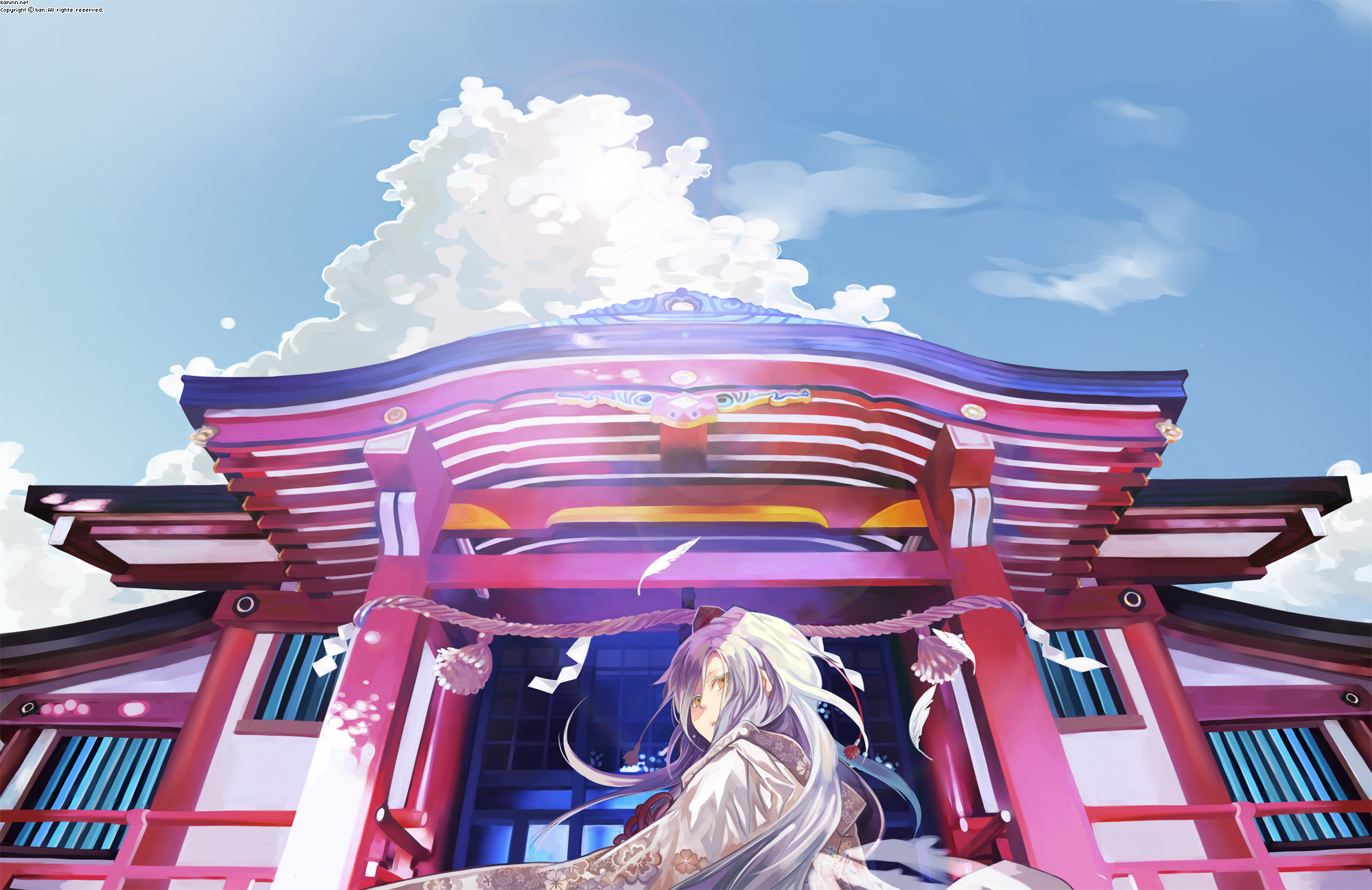 kaninn, original, bad id, bad pixiv id, commentary request, highres, translation request, 1girl, androgynous, cloud, day, female focus, from behind, hat, house, japanese clothes, lens flare, long hair, outdoors, rope, shide, shimenawa, shrine, sky, solo, tokin hat, white hair, yellow eyes