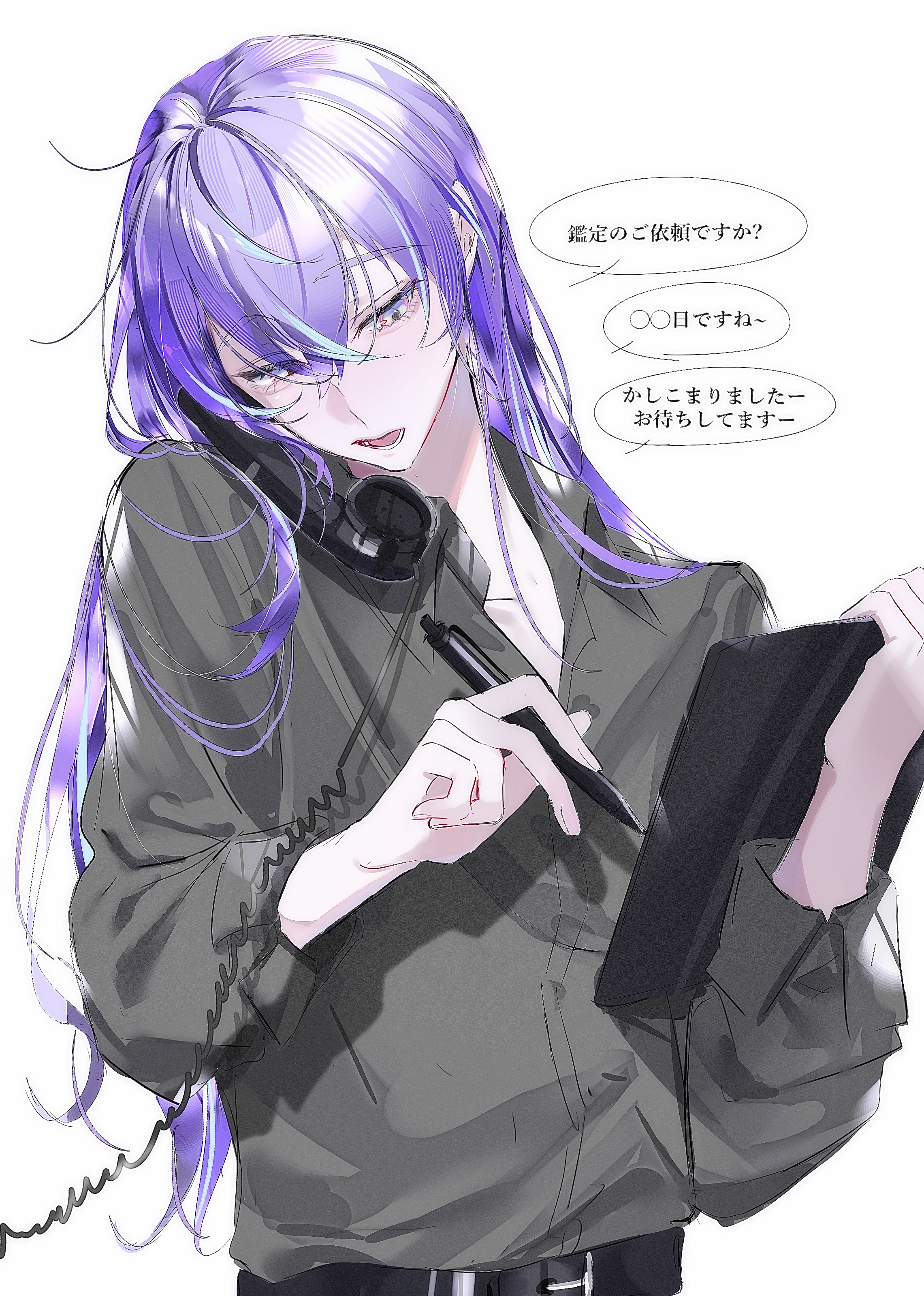 kokuto (bsmilk), hoshirube sho, nijisanji, absurdres, commentary request, highres, translation request, 1boy, belt, black belt, blue hair, clipboard, collared shirt, corded phone, cradling phone, grey eyes, grey hair, half-closed eyes, holding, holding clipboard, holding pen, long hair, long sleeves, looking down, male focus, multicolored hair, open mouth, partially open shirt, pen, phone, reading, shirt, simple background, solo, streaked hair, talking on phone, upper body, virtual youtuber, white background