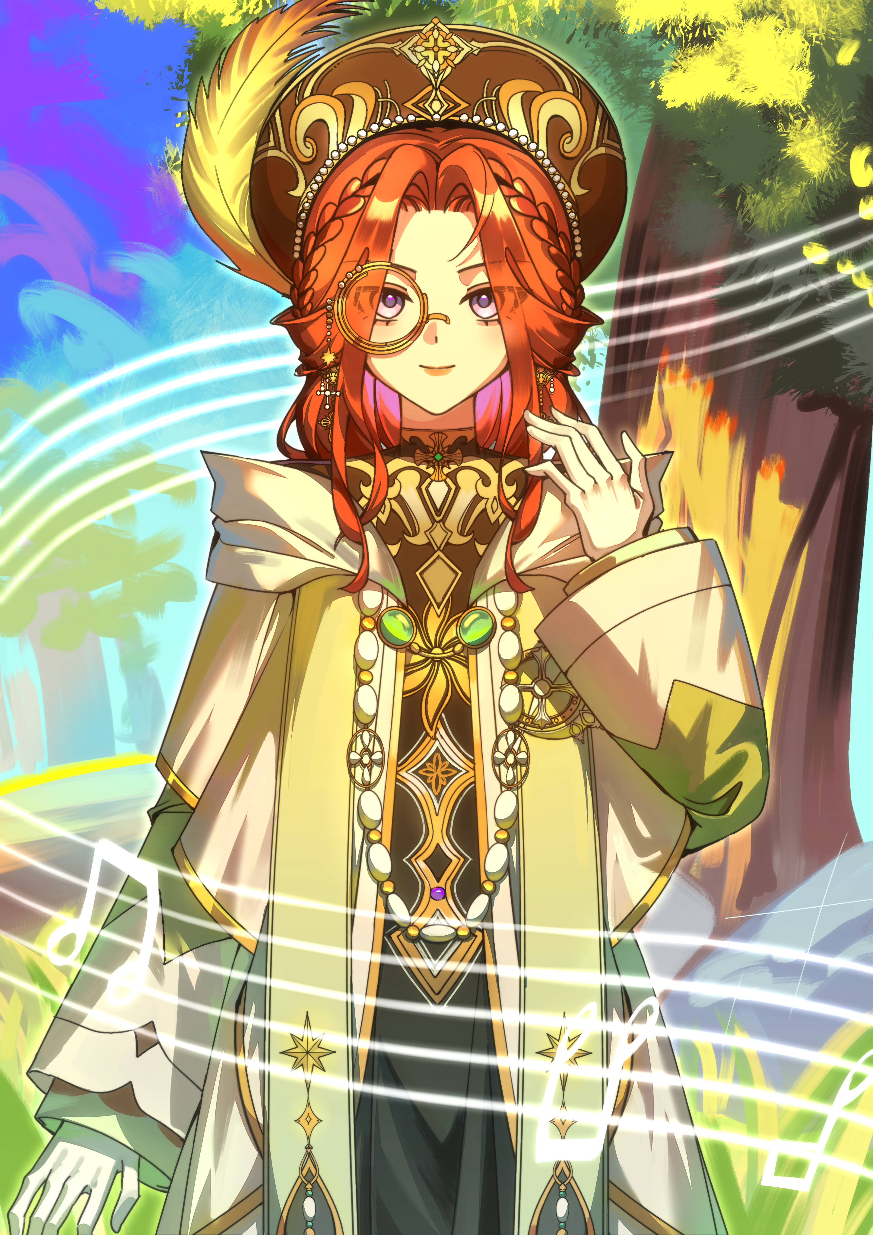 slowfrost, infinity nikki, nikki (series), absurdres, highres, 1girl, bead necklace, beads, black dress, black hat, blue sky, closed mouth, cowboy shot, day, dot nose, dress, earrings, eyelashes, eyes visible through hair, gold earrings, grass, green robe, hand on own shoulder, happy, hat, hat feather, jewelry, layered sleeves, lipstick, long hair, long sleeves, makeup, monocle, musical note, musical staff, nape braid, necklace, outdoors, pink lips, priest, purple eyes, red hair, robe, rock, round eyewear, sidelocks, silent ode (infinity nikki), sky, smile, solo, sparkle, standing, tree, tsurime, yellow-framed eyewear