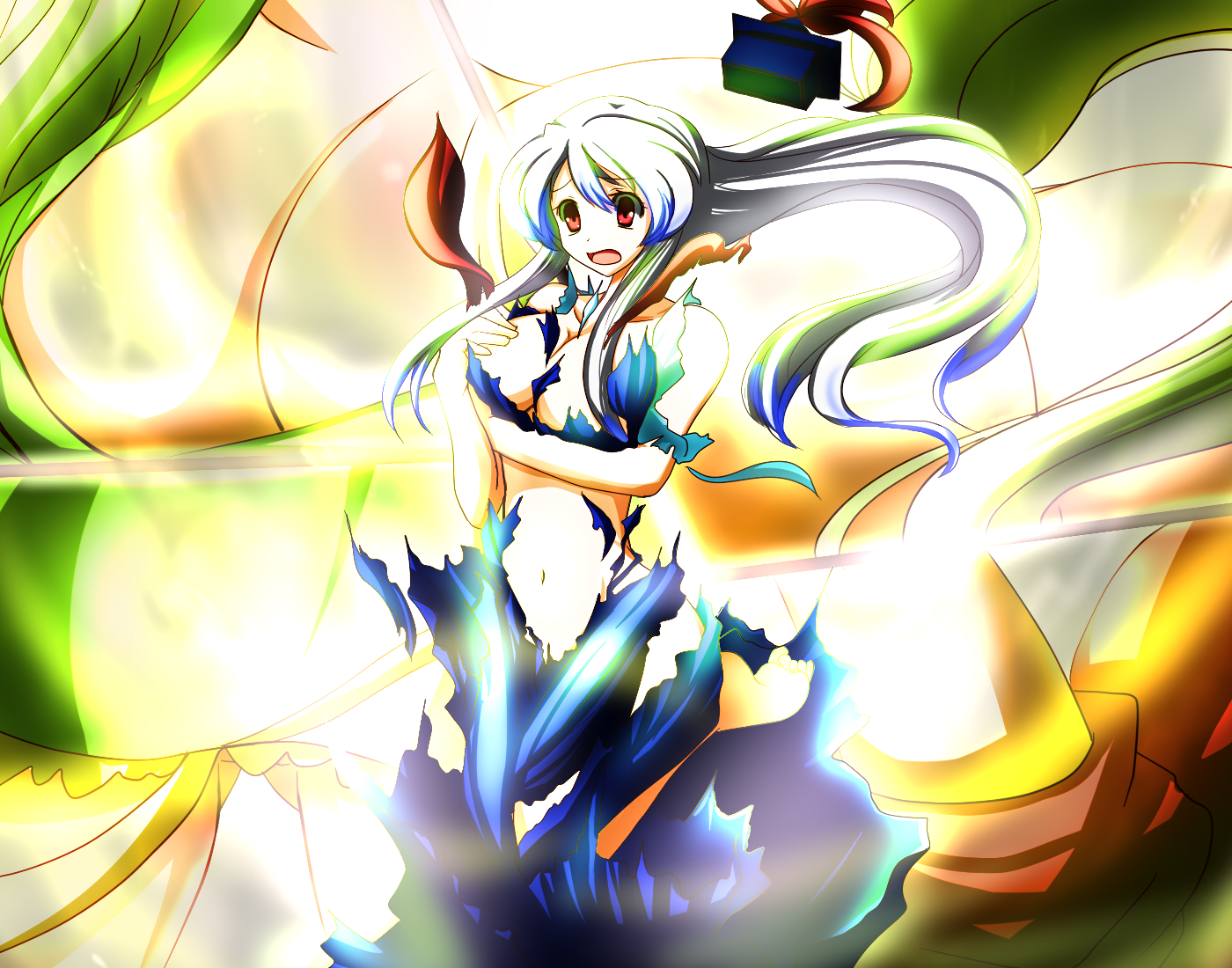 dearmybrothers, horohoro, kamishirasawa keine, touhou, 1girl, blue hair, exploding clothes, female focus, hat, red eyes, solo, tearing clothes, torn clothes, transformation