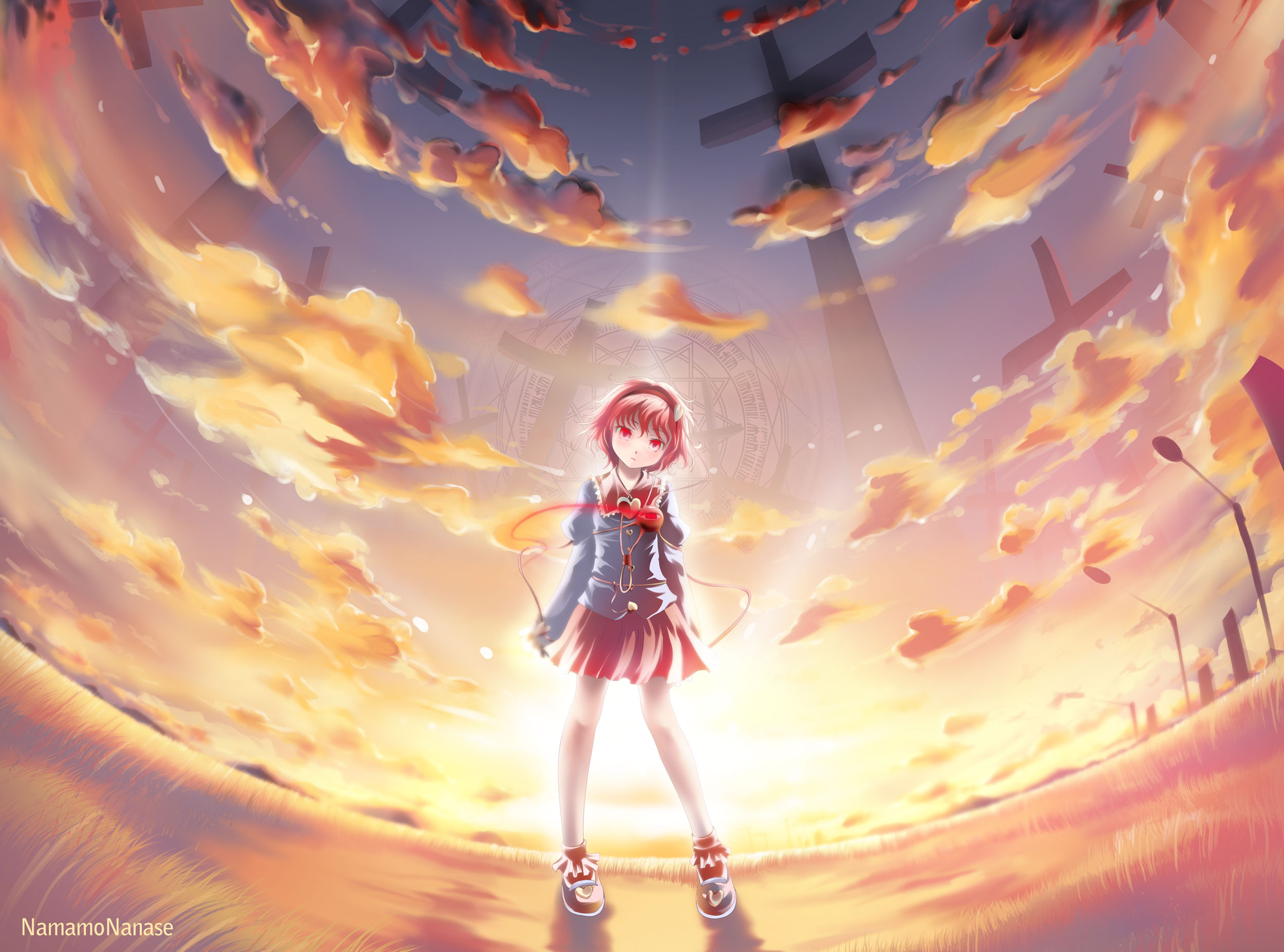 namamo nanase, komeiji satori, touhou, highres, 1girl, backlighting, cloud, cross, female focus, full body, geometry, hairband, head tilt, heart, magic circle, math, outdoors, plant, purple hair, red eyes, short hair, sky, solo, standing, sunset