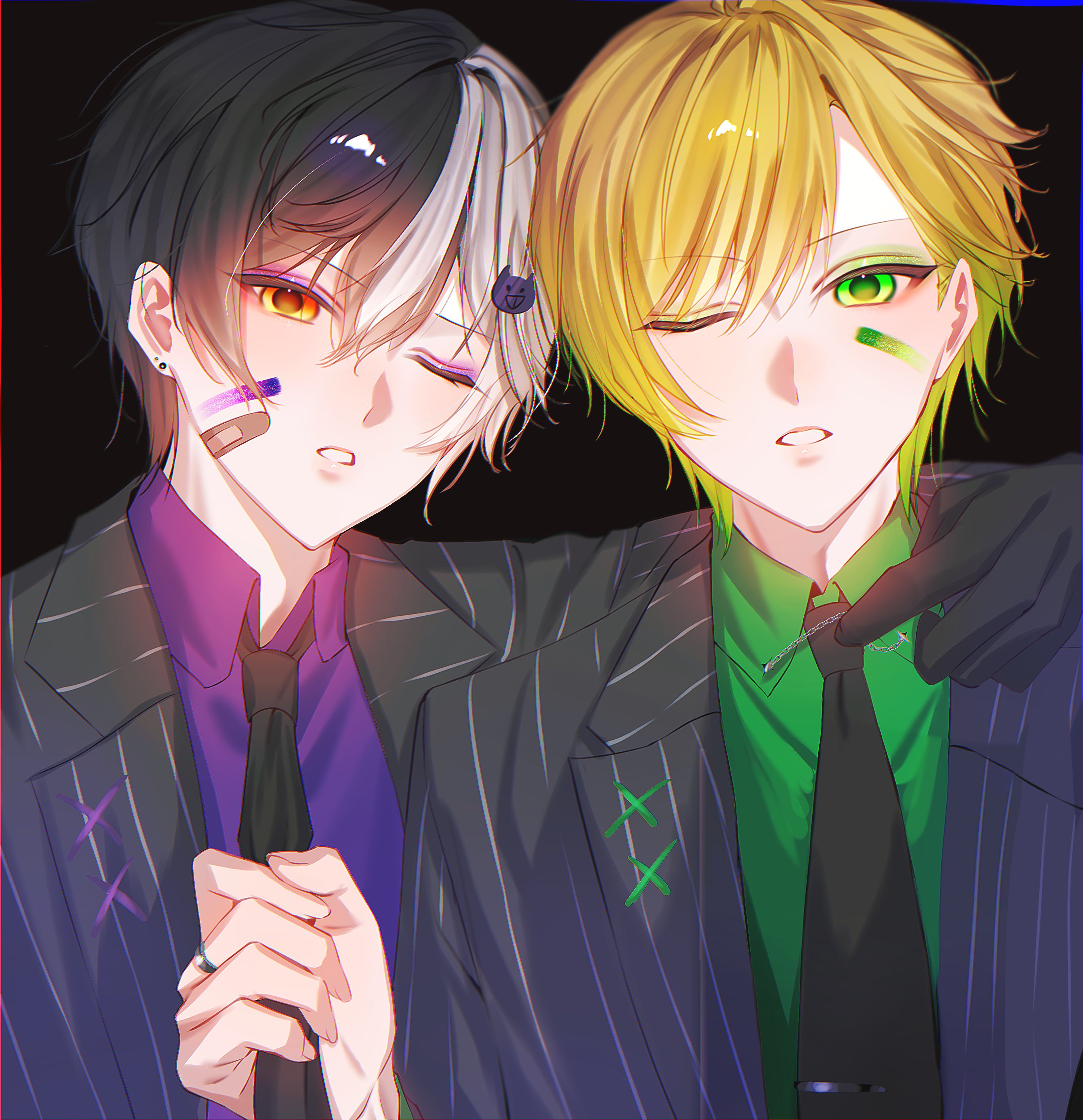 bimigohan16, mazeta (amptakxcolors), pretz (amptakxcolors), amptakxcolors, absurdres, highres, 2boys, bandaid, bandaid on face, black gloves, black hair, black necktie, blonde hair, eyeshadow, gloves, green eyes, green eyeshadow, hair between eyes, hand on another's shoulder, holding necktie, looking at viewer, makeup, male focus, multicolored hair, multiple boys, necktie, one eye closed, pinstripe jacket, pinstripe pattern, purple eyeshadow, short hair, two-tone hair, upper body, white hair, yellow eyes