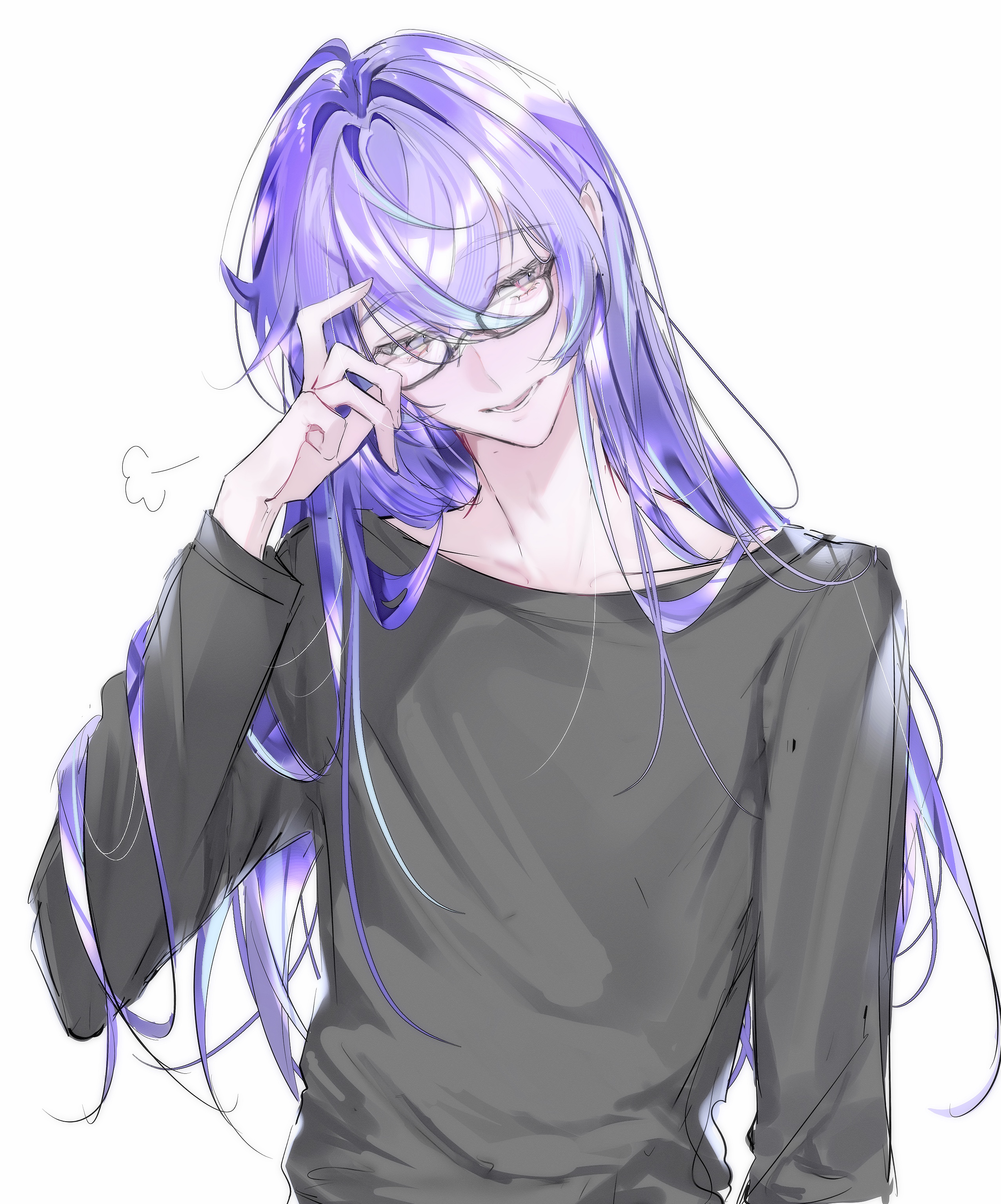 kokuto (bsmilk), hoshirube sho, nijisanji, absurdres, commentary, highres, symbol-only commentary, 1boy, bespectacled, blue hair, glasses, grey eyes, grey shirt, long hair, long sleeves, looking to the side, male focus, multicolored hair, parted lips, purple hair, rectangular eyewear, semi-rimless eyewear, shirt, simple background, smile, solo, streaked hair, upper body, virtual youtuber, white background