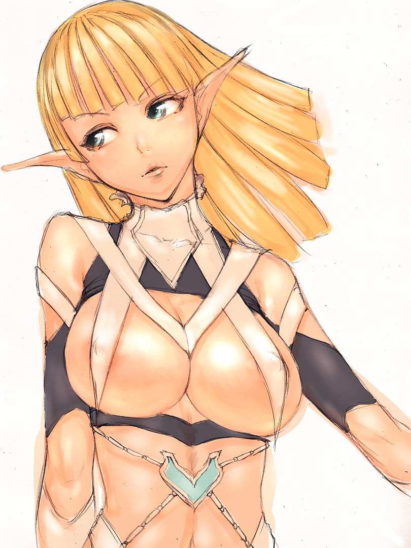 fumio (rsqkr), original, 1girl, bare shoulders, blonde hair, breasts, cleavage, covered erect nipples, elf, female focus, green eyes, large breasts, pointy ears, sketch, solo, upper body