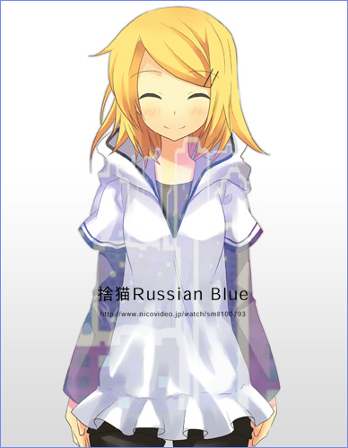 tamura hiro, kagamine rin, sute-neko russian blue (vocaloid), vocaloid, bad id, bad pixiv id, lowres, 1girl, blonde hair, blush, casual, closed eyes, fashion, female focus, gradient background, hair ornament, hairclip, hood, hoodie, layered sleeves, long sleeves, short hair, short over long sleeves, short sleeves, smile, solo