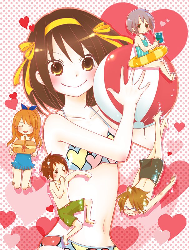 moffunnyo, asahina mikuru, koizumi itsuki, kyon, nagato yuki, suzumiya haruhi, suzumiya haruhi no yuuutsu, bad id, bad pixiv id, 00s, 2boys, 3girls, ball, barefoot, beachball, bikini, chibi, feet, heart, multiple boys, multiple girls, picnic basket, shorts, smile, swimsuit