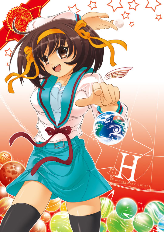 chauke, suzumiya haruhi, suzumiya haruhi no yuuutsu, bad id, bad pixiv id, 00s, brown eyes, brown hair, earth (planet), hairband, planet, school uniform, serafuku, short hair, solo, thighhighs