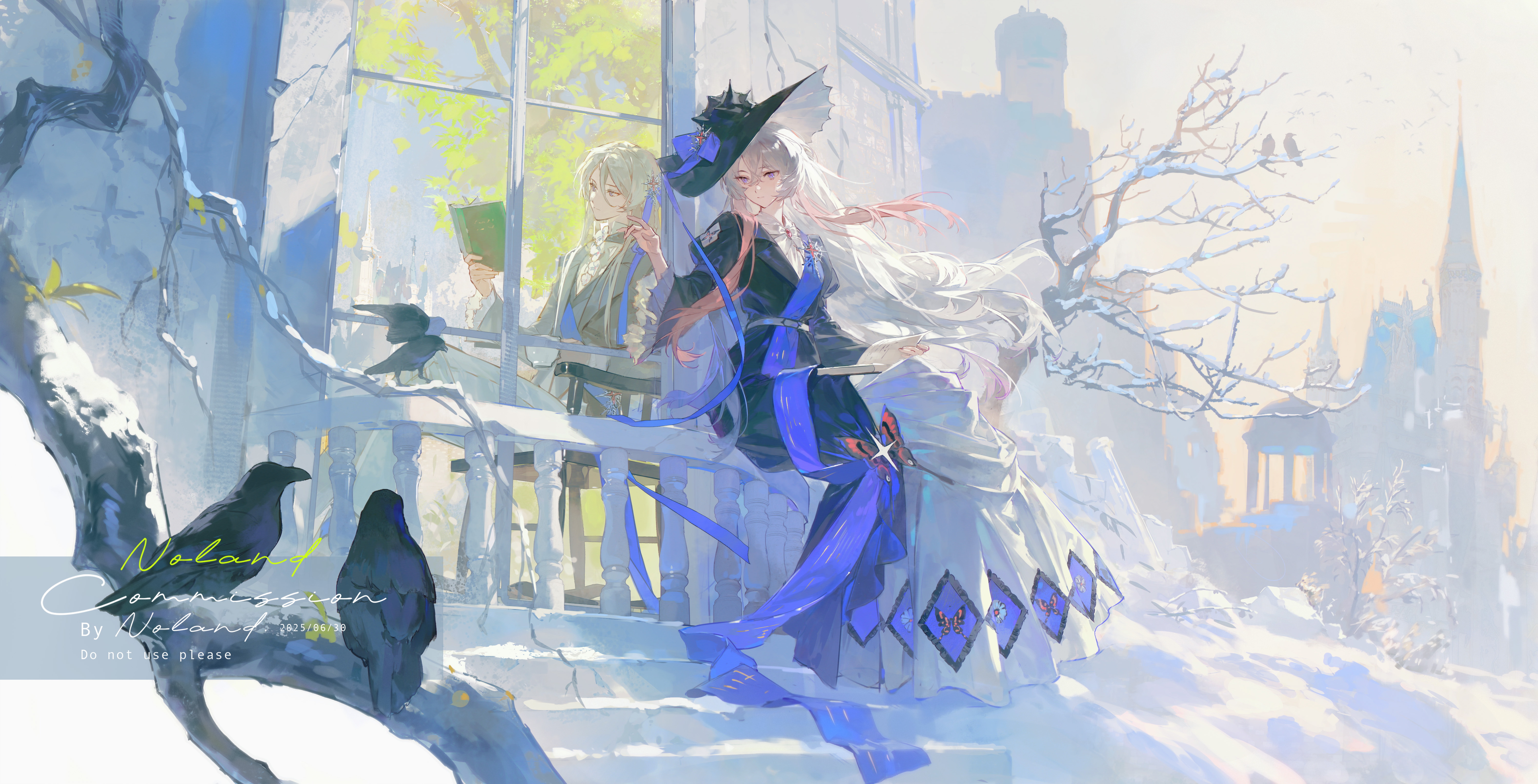 noland, cael anselm, lovebrush chronicles, original, absurdres, chinese commentary, commission, highres, mihuashi commission, 1boy, 1girl, animal print, bare tree, bell sleeves, belt, bird, black coat, black hat, black jacket, black vest, blue bow, blue ribbon, blue sash, book, bow, brooch, bug, butterfly, butterfly ornament, butterfly print, castle, center frills, chair, closed mouth, coat, coat dress, contrast, crack, cracked wall, crow, cup, day, dress, expressionless, feet out of frame, frills, full body, gown, hair between eyes, hair ornament, hair ribbon, hand up, hat, hat bow, hat ornament, hat ribbon, holding, holding book, holding cup, insect, jacket, jewelry, juliet sleeves, leaf, long coat, long hair, long hair between eyes, long sleeves, looking inside, looking to the side, multicolored hair, muntins, on chair, on railing, open book, outdoors, pants, picture hat, pink butterfly, pink hair, popped collar, print dress, puffy sleeves, purple eyes, railing, reading, ribbon, sash, shirt, shoulder sash, sidelocks, sitting, snow, sprout, star (symbol), star hair ornament, star hat ornament, teacup, tree, two-tone hair, very long hair, vest, white belt, white dress, white hair, white pants, white shirt, window, winter