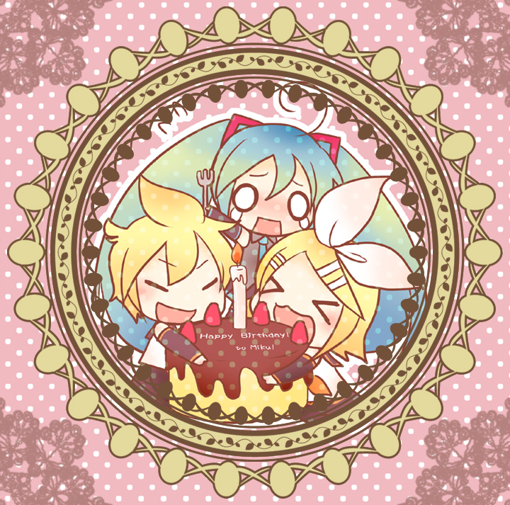 y ojisan, hatsune miku, kagamine len, kagamine rin, vocaloid, > <, aqua hair, birthday, blonde hair, cake, closed eyes, food, hair ornament, hair ribbon, hairclip, pastry, ribbon, short hair, smile, tears, twintails