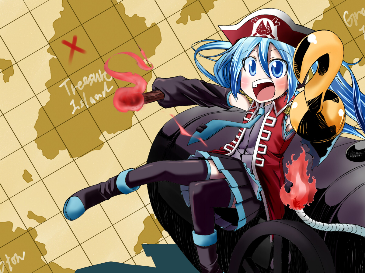matsubara tsuyoshi, hatsune miku, vocaloid, 1girl, blue eyes, blue hair, cannon, coat, detached sleeves, female focus, hat, long hair, map, matching hair/eyes, necktie, pirate hat, skirt, smile, solo, thighhighs, twintails, zettai ryouiki
