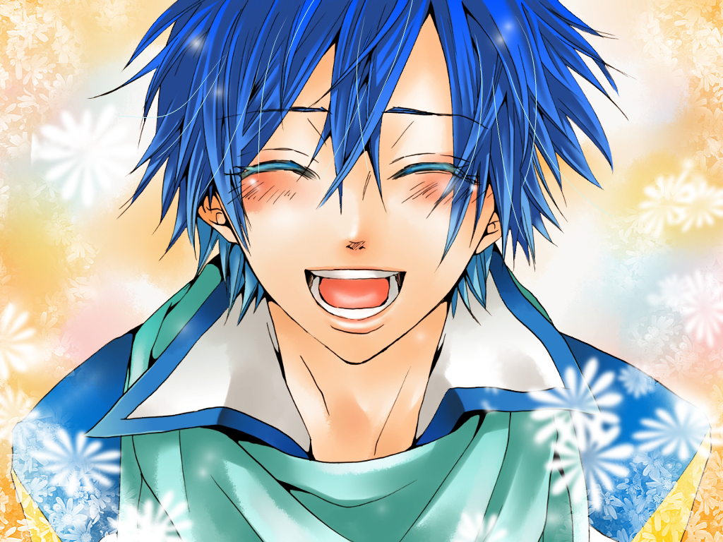 hakuseki, kaito (vocaloid), vocaloid, 1boy, aqua scarf, blue hair, blush, closed eyes, colored eyelashes, facing viewer, male focus, open mouth, scarf, short hair, smile, solo, upper body