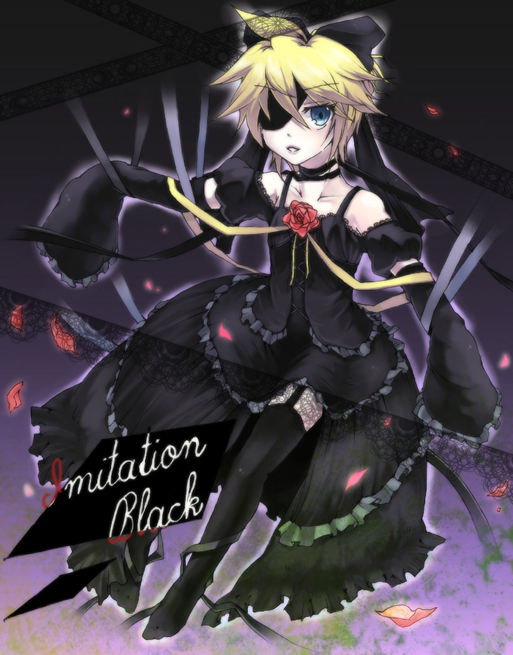 sopra, kagamine len, imitation black (vocaloid), vocaloid, bad id, bad pixiv id, 1boy, black dress, blonde hair, blue eyes, crossdressing, crossdressing (mtf), detached sleeves, dress, eyepatch, flower, full body, hair ribbon, male focus, petals, ribbon, rose, short hair, solo, thighhighs, trap