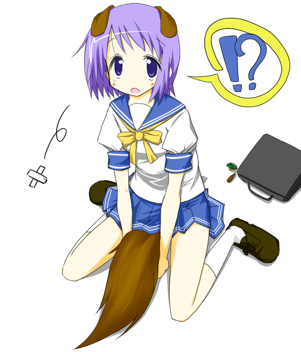 umiato, hiiragi tsukasa, lucky star, !?, 00s, animal ears, blue eyes, dog ears, kneeling, purple hair, ribbon, school uniform, serafuku, short hair, solo, tail
